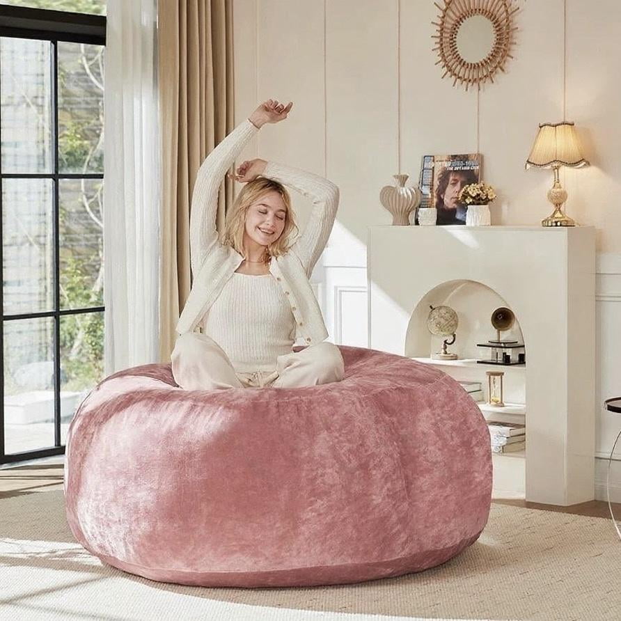 Bean Bag Chair, 5FT Memory Foam Filling Adult and Teen Sofa Chair, Soft Round Sofa with Removable Flannel Cover, for Living Room Bedroom and Dorm, Pink