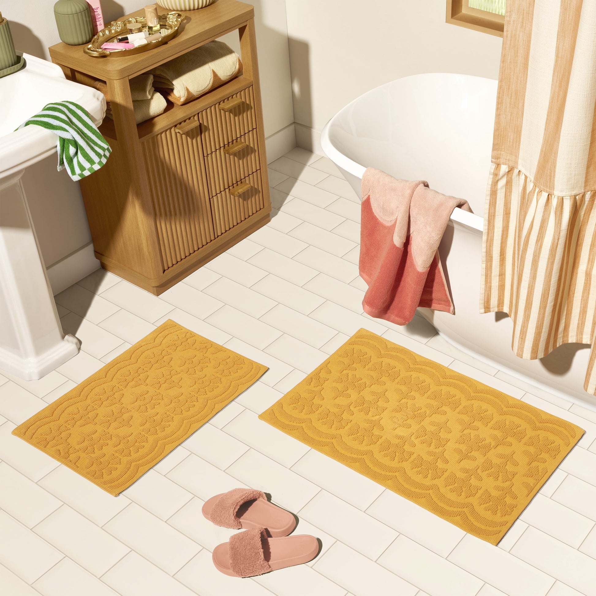 Beautiful Floral Block Scallop 2 Piece Bath Rug Set by Drew Barrymore, Amber Yellow, 17" x 24" & 20" x 30"