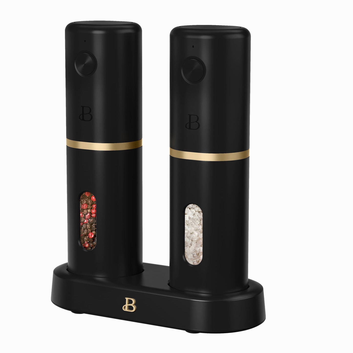 Beautiful 3-Piece Rechargeable Electric Salt and Pepper Grinder Set with Charging Base, Black Sesame by Drew Barrymore