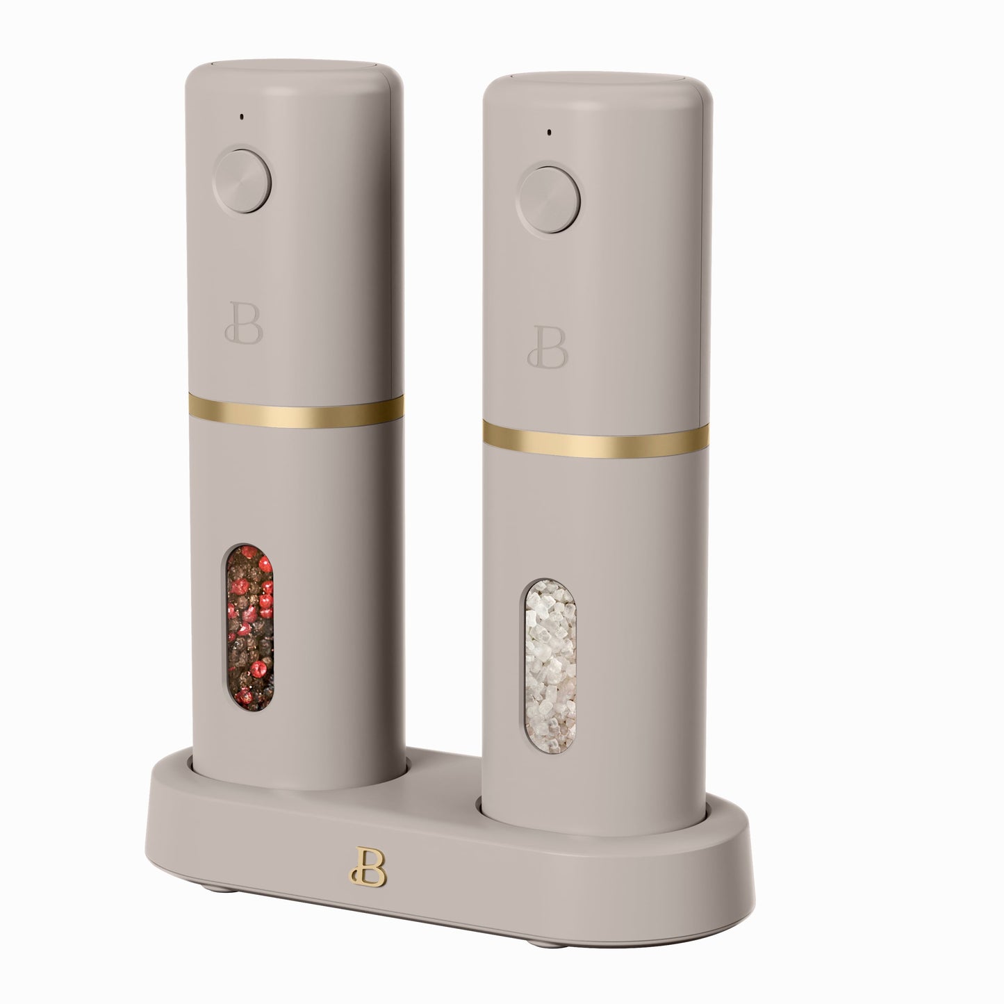 Hermoso Juego de Molinillos ElÃ©ctricos Recargables de Sal y Pimienta de 3 Piezas con Base de Carga, Porcini Taupe by Drew Barrymore