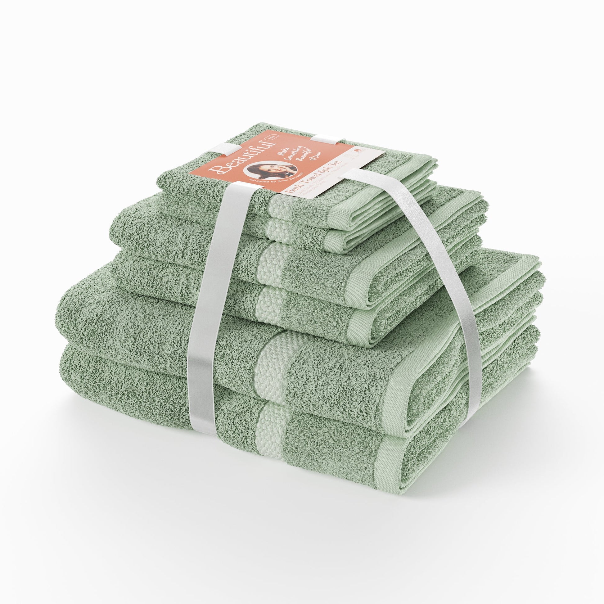 Beautiful by Drew Barrymore 6-Piece Dobby Bath Towel Set, Soft 100% Cotton, Sage Green