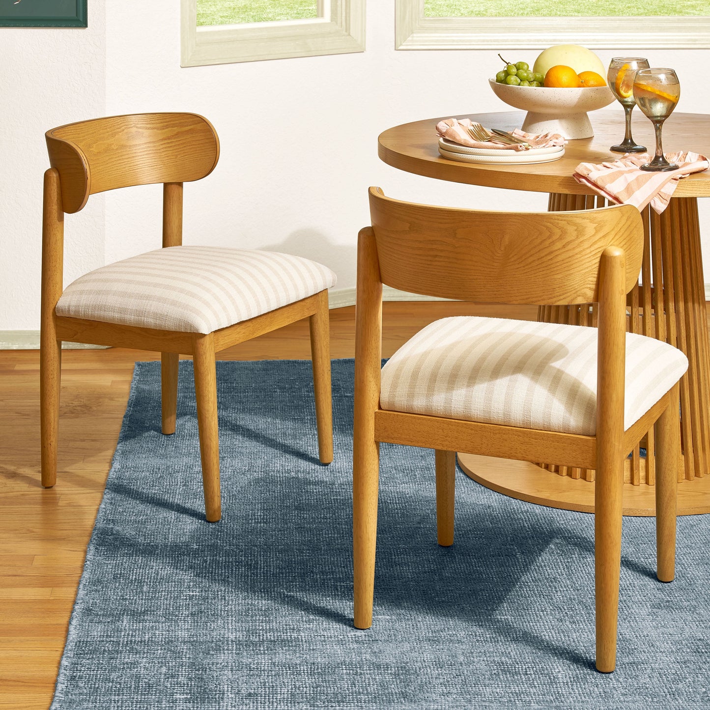 Beautiful Drew Dining Room Chair by Drew Barrymore, Warm Honey Finish with Striped Fabric, Set of 2