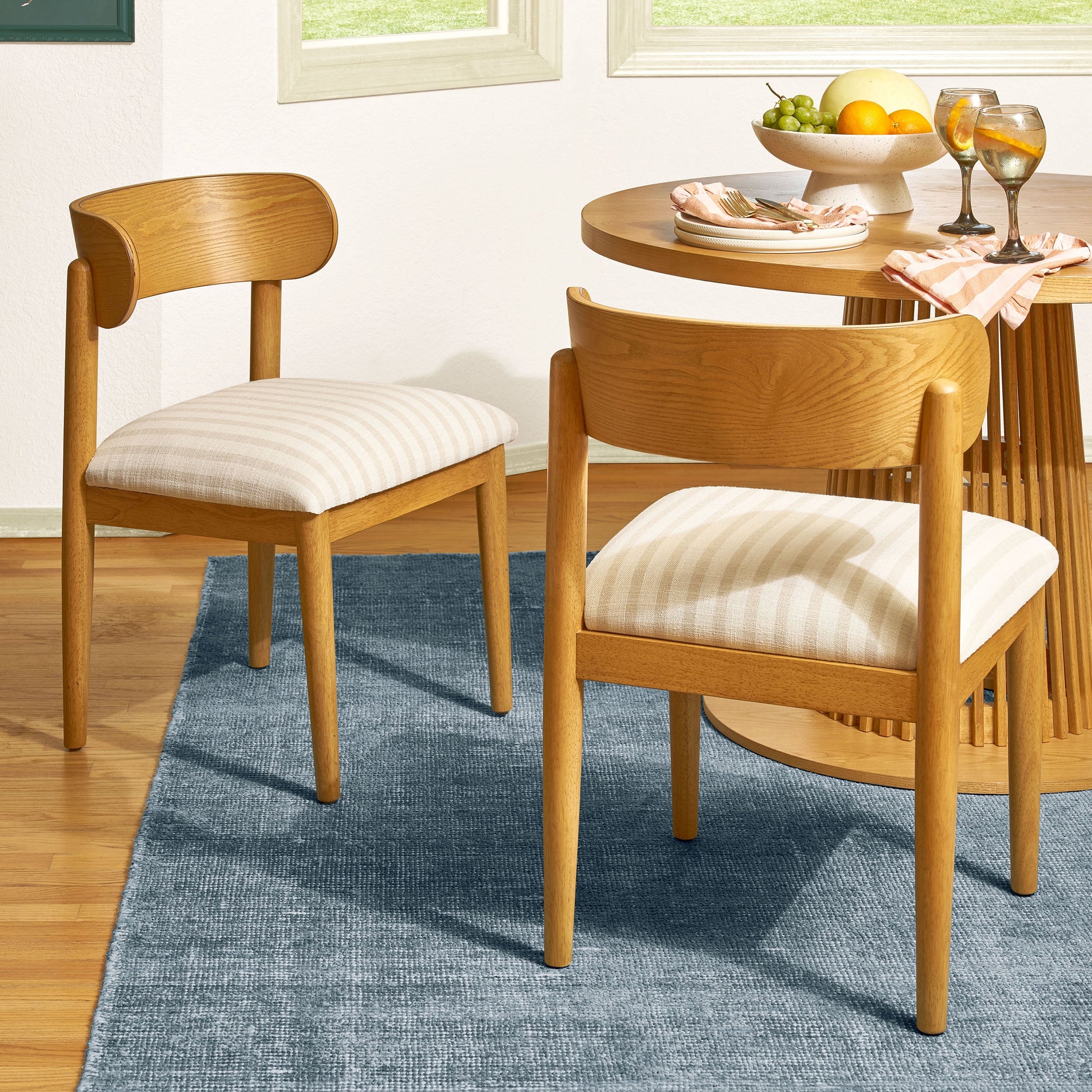 Beautiful Drew Dining Room Chair by Drew Barrymore, Warm Honey Finish with Striped Fabric, Set of 2