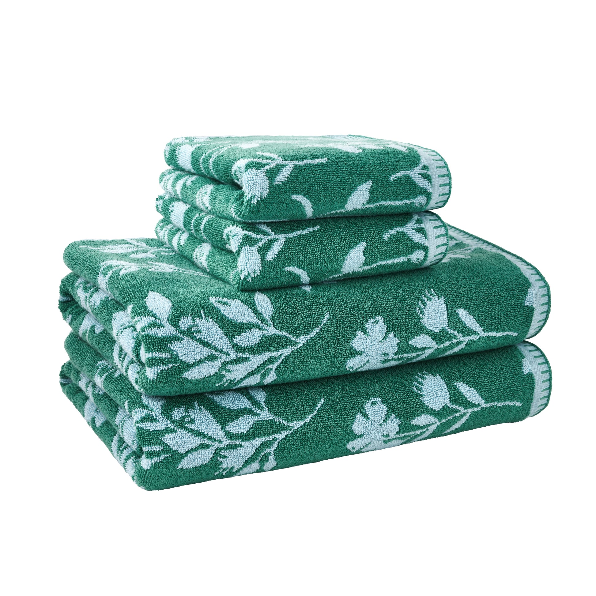 Beautiful by Drew Barrymore 4-Piece Floral Bath Towel Set, 100% Cotton, Pine Green
