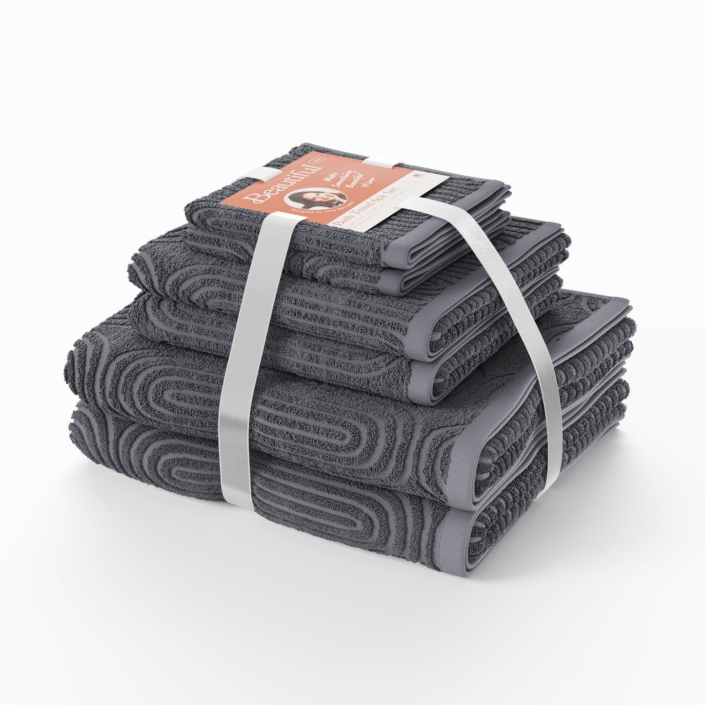 Beautiful by Drew Barrymore 6-Piece Textured Bath Towel Set, Soft 100% Cotton, Charcoal Gray