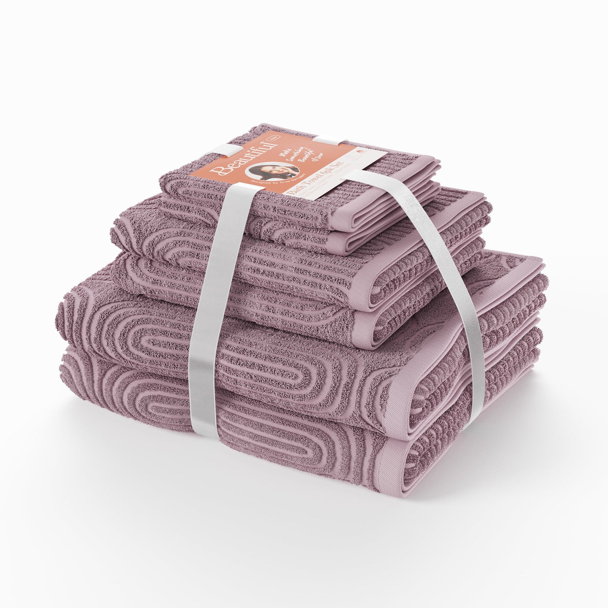Beautiful by Drew Barrymore 6-Piece Textured Bath Towel Set, Soft 100% Cotton, Rose Pink