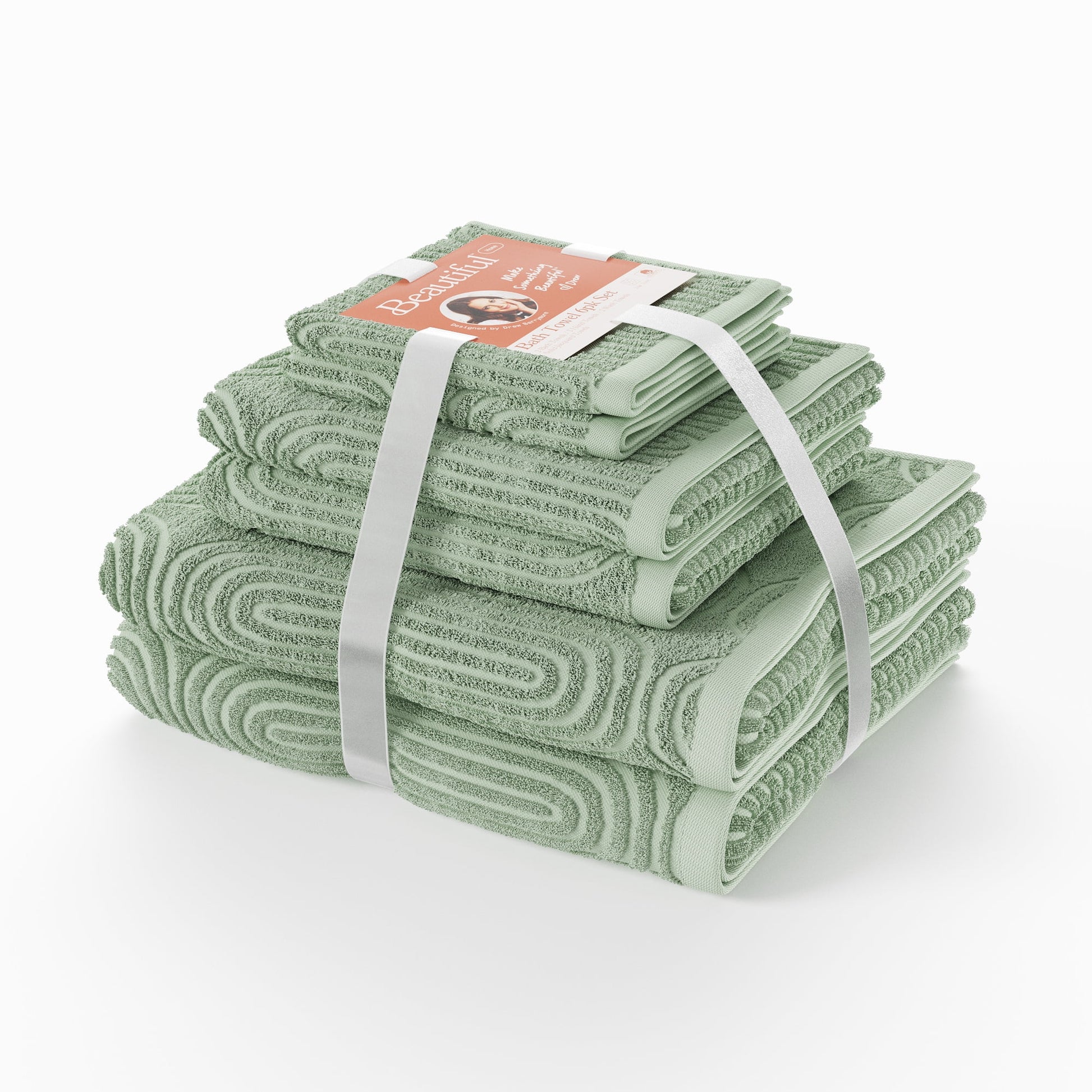 Beautiful by Drew Barrymore 6-Piece Towel Set, Soft 100% Cotton, Sage Green