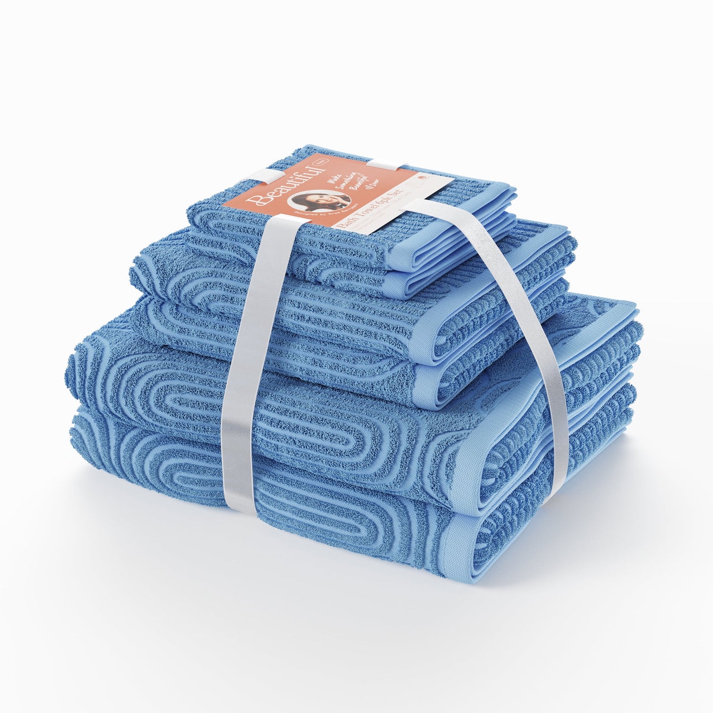 Beautiful by Drew Barrymore 6-Piece Textured Bath Towel Set, Soft 100% Cotton, Winter Sky