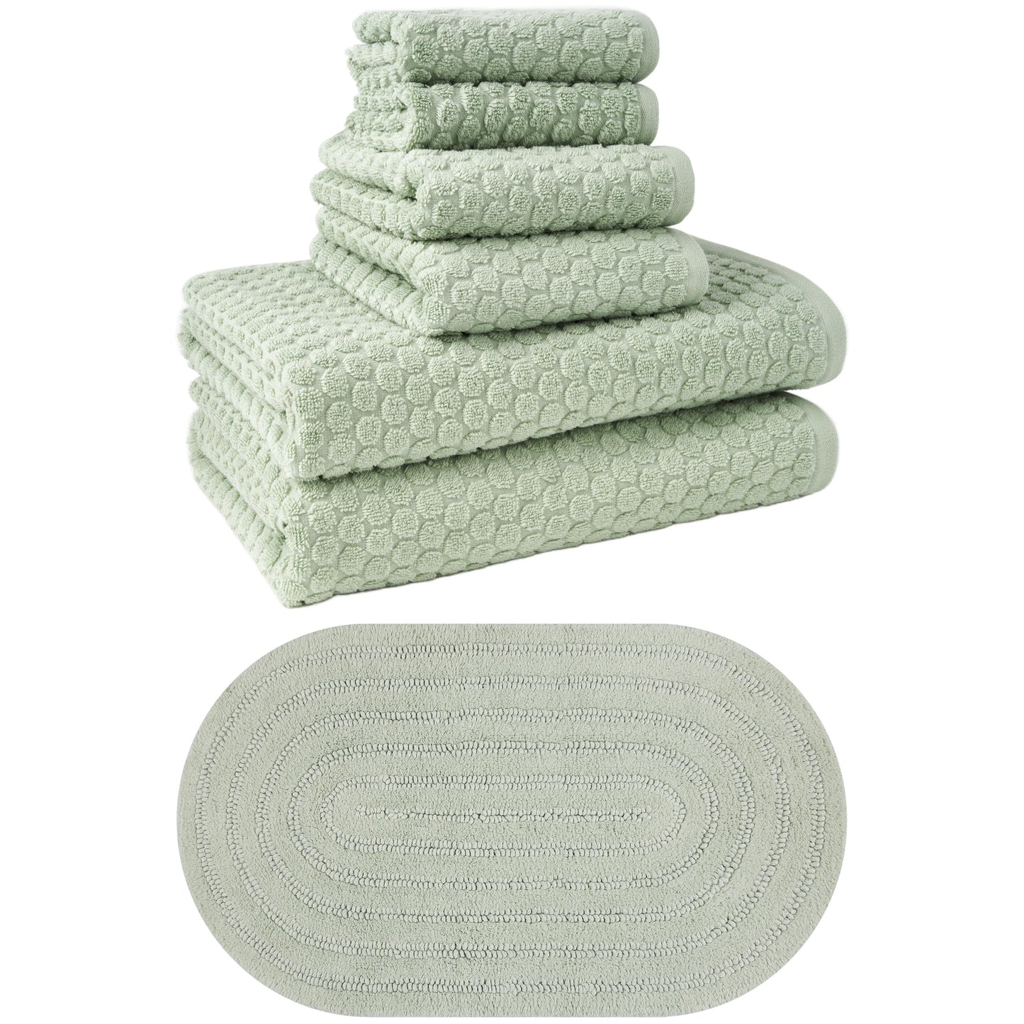 Beautiful by Drew Barrymore Complete Bathroom Set â€“ Soft Cotton Towels, Oval Bath Rug, Green