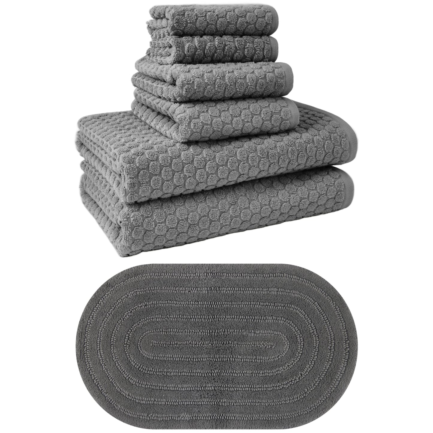 Beautiful by Drew Barrymore Complete Bathroom Set â€“ Soft Cotton Towels, Oval Bath Rug, Grey