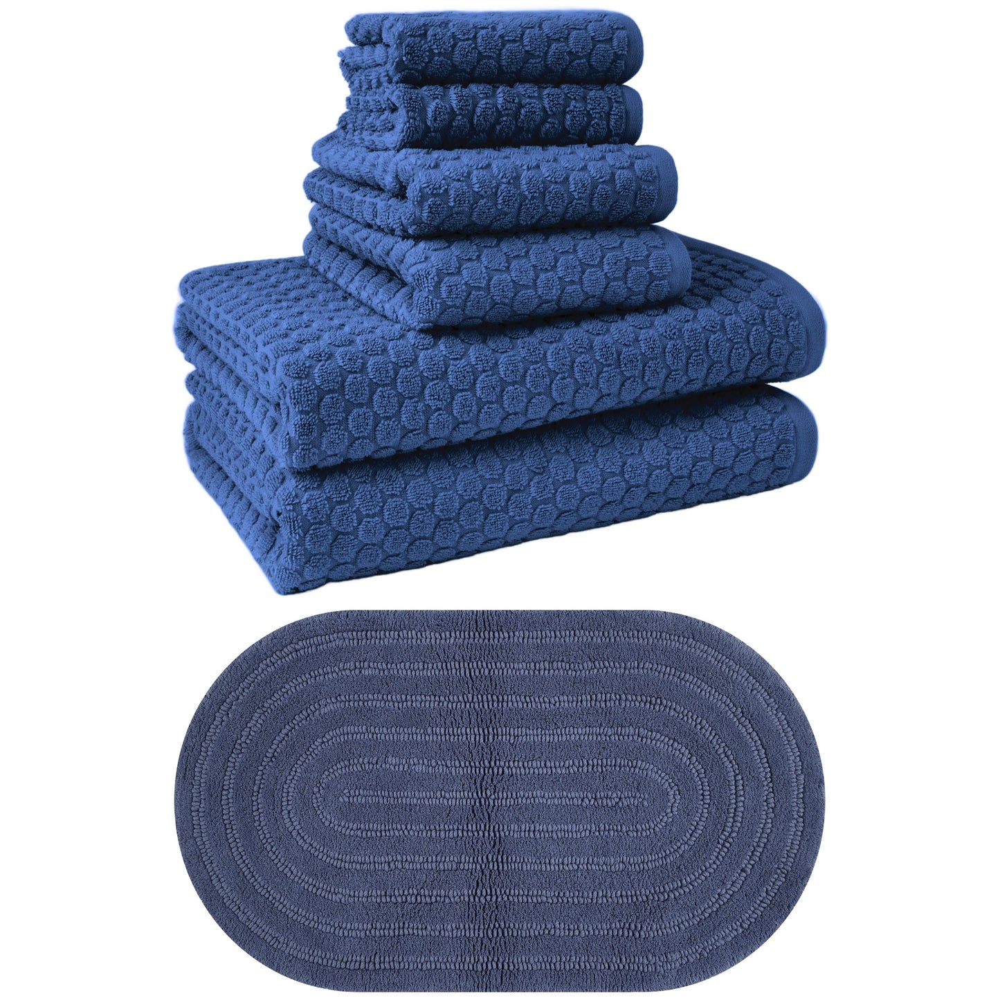 Beautiful by Drew Barrymore Complete Bathroom Set â€“ Soft Cotton Towels, Oval Bath Rug, Navy