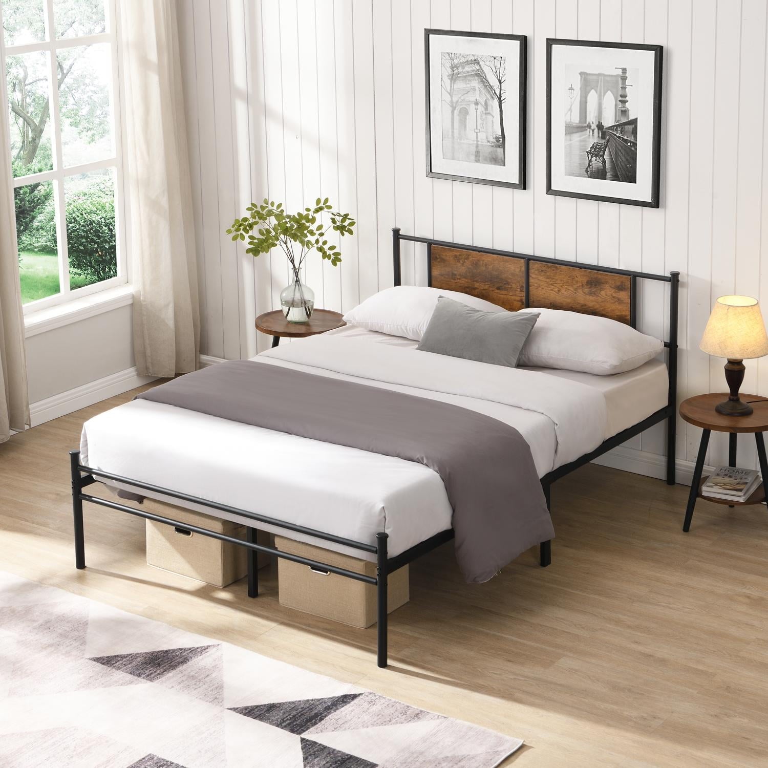 Bed Frame, Metal Bed Frame, King Size Bed&nbsp;Platform with Wood Panel Headboard, Sturdy Steel Slats, Under Bed Storage, Black+Brown, 82.7 Inch Length, No Box Spring Needed
