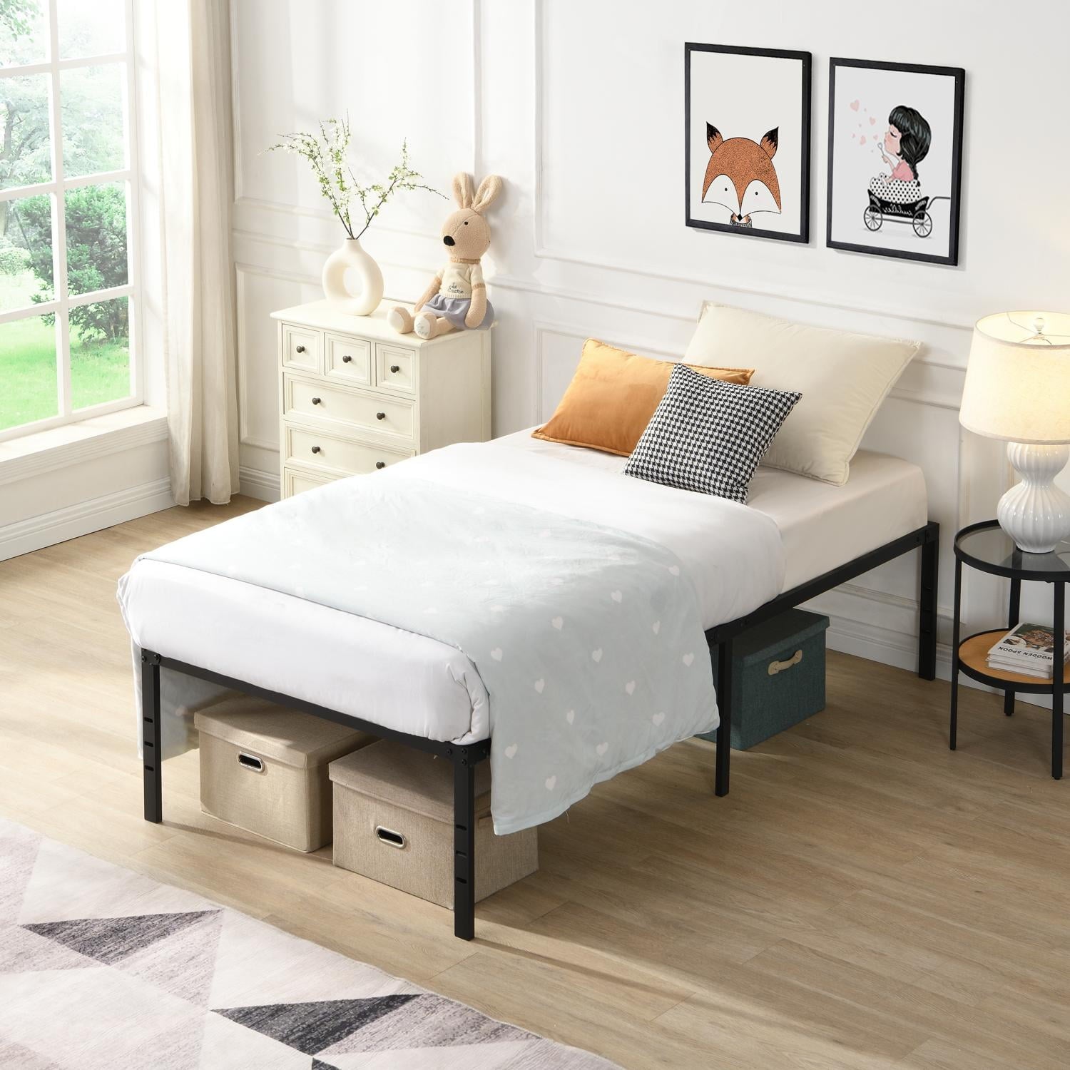 Bed Frame, Metal Bed Frame, Twin Size Bed&nbsp;Heavy Duty Platform with Reinforced Steel Slats, Quick Easy Assembly, No Noise, Black, 750 lbs Weight Capacity, Under Bed Storage