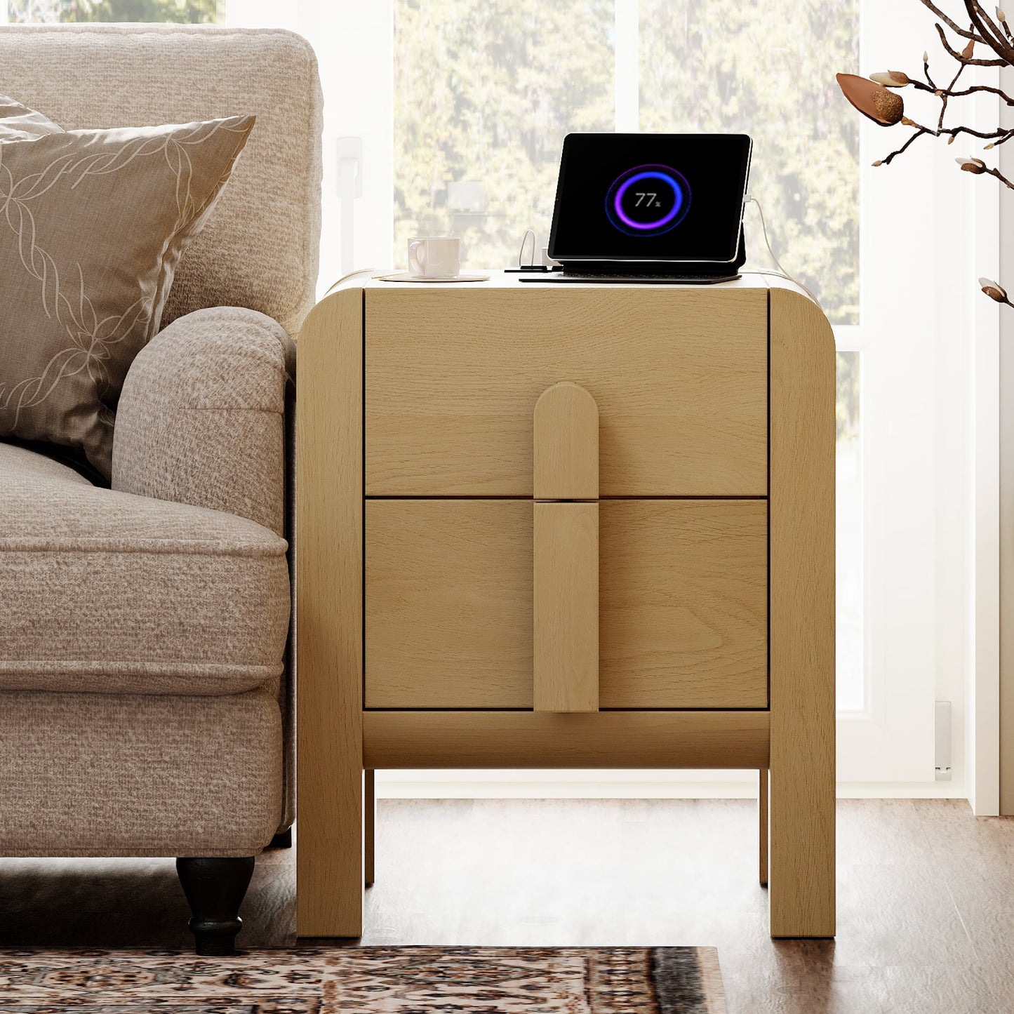 Bedroom End Table with Charging Station and Curved Profile Design, Mid Century Modern Wooden Nightstand with Drawer for Living Room, Sofa Office
