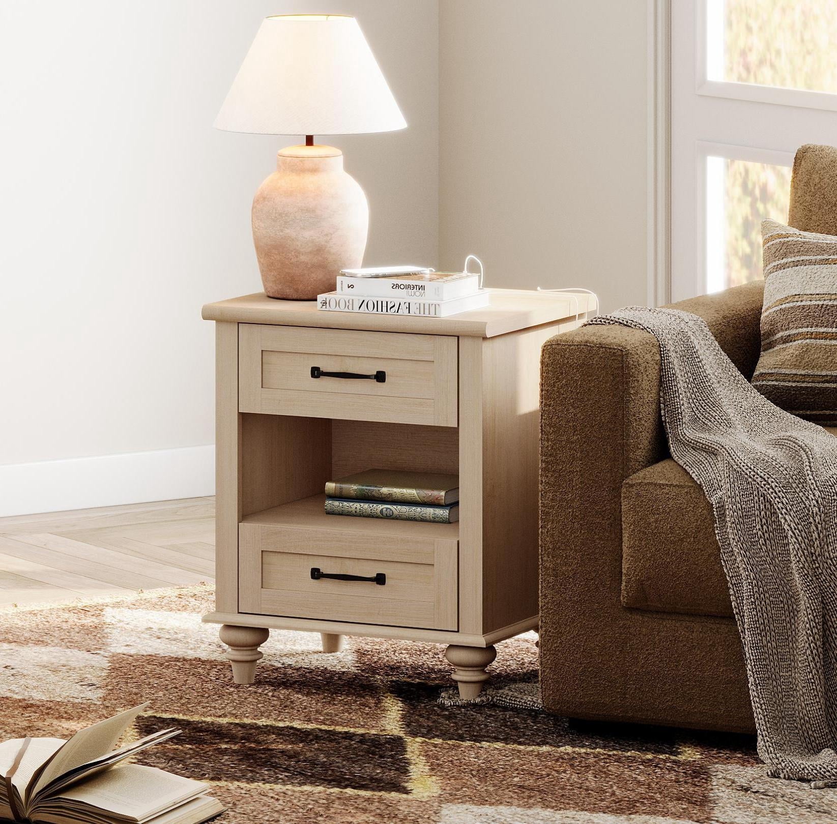 Beige End Table with Charging Station, 2-Drawer Wooden Nightstand for Bedroom, Open Shelf Side Table for Living Room