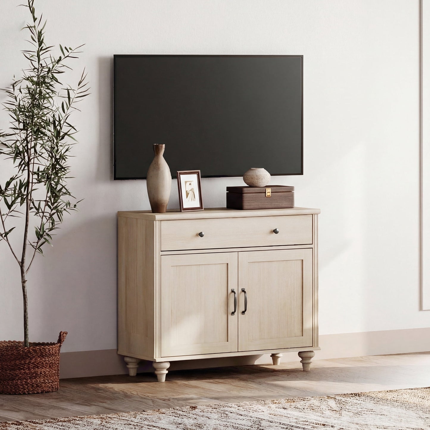 Beige Farmhouse TV Stand for 43 inch TV with Drawer & Doors