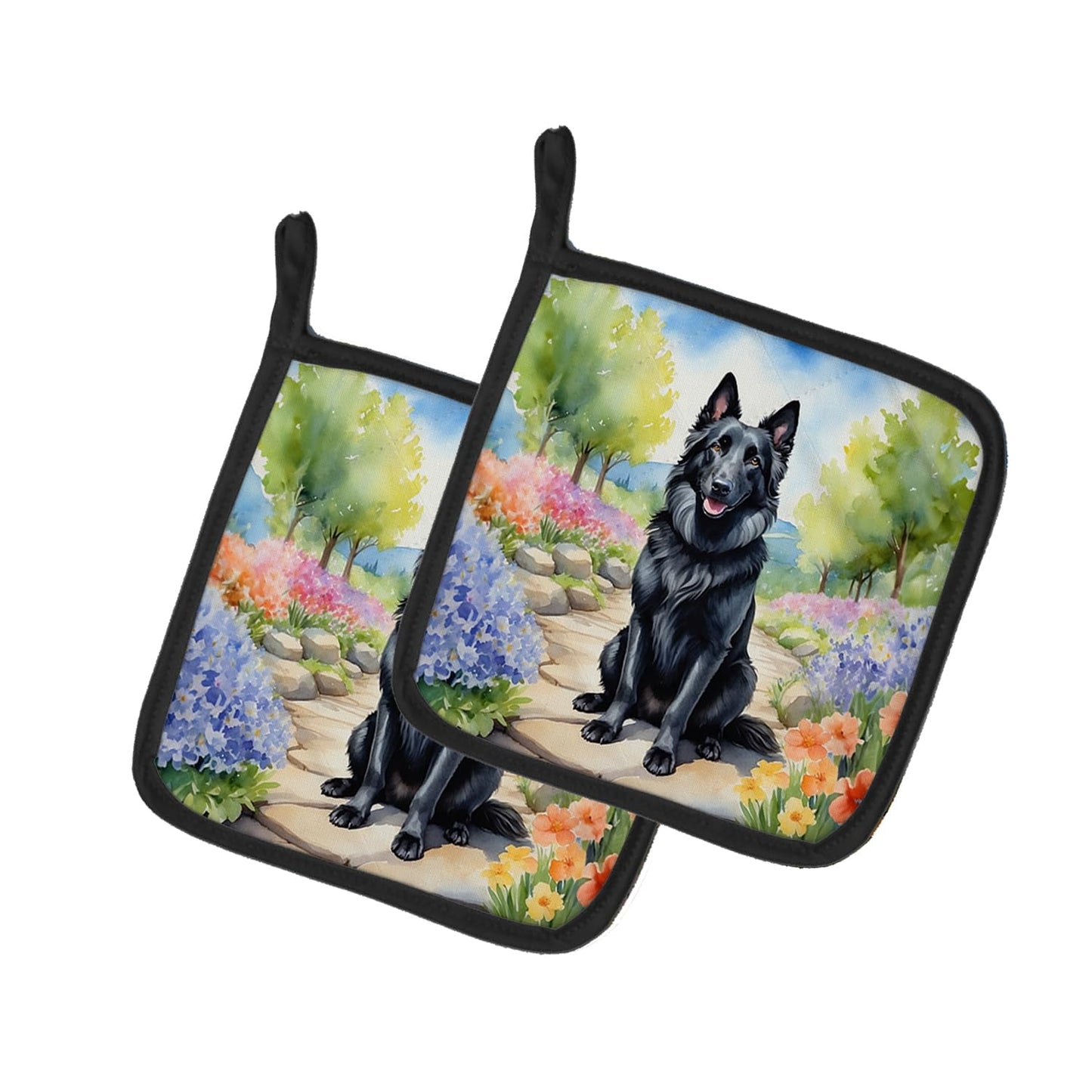 Belgian Sheepdog Spring Path Pair of Pot Holders 7.5 in x 7.5 in
