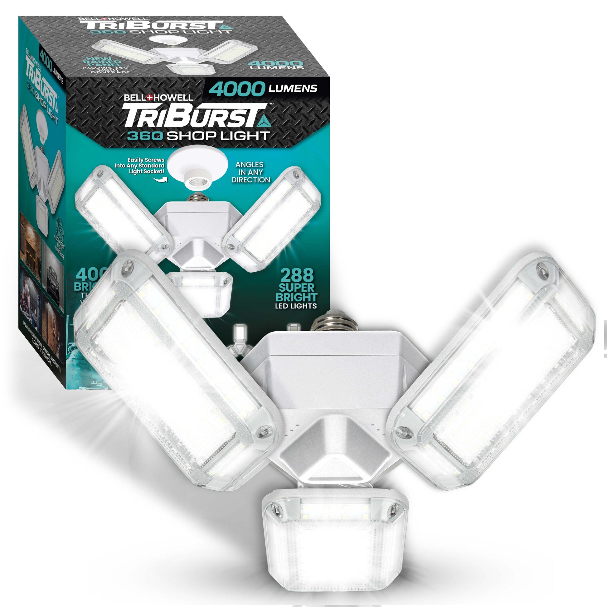 Bell + Howell TriBurst Garage Lights 288 LED Bulb 4000 Lumens Ceiling Socket Deformable Light