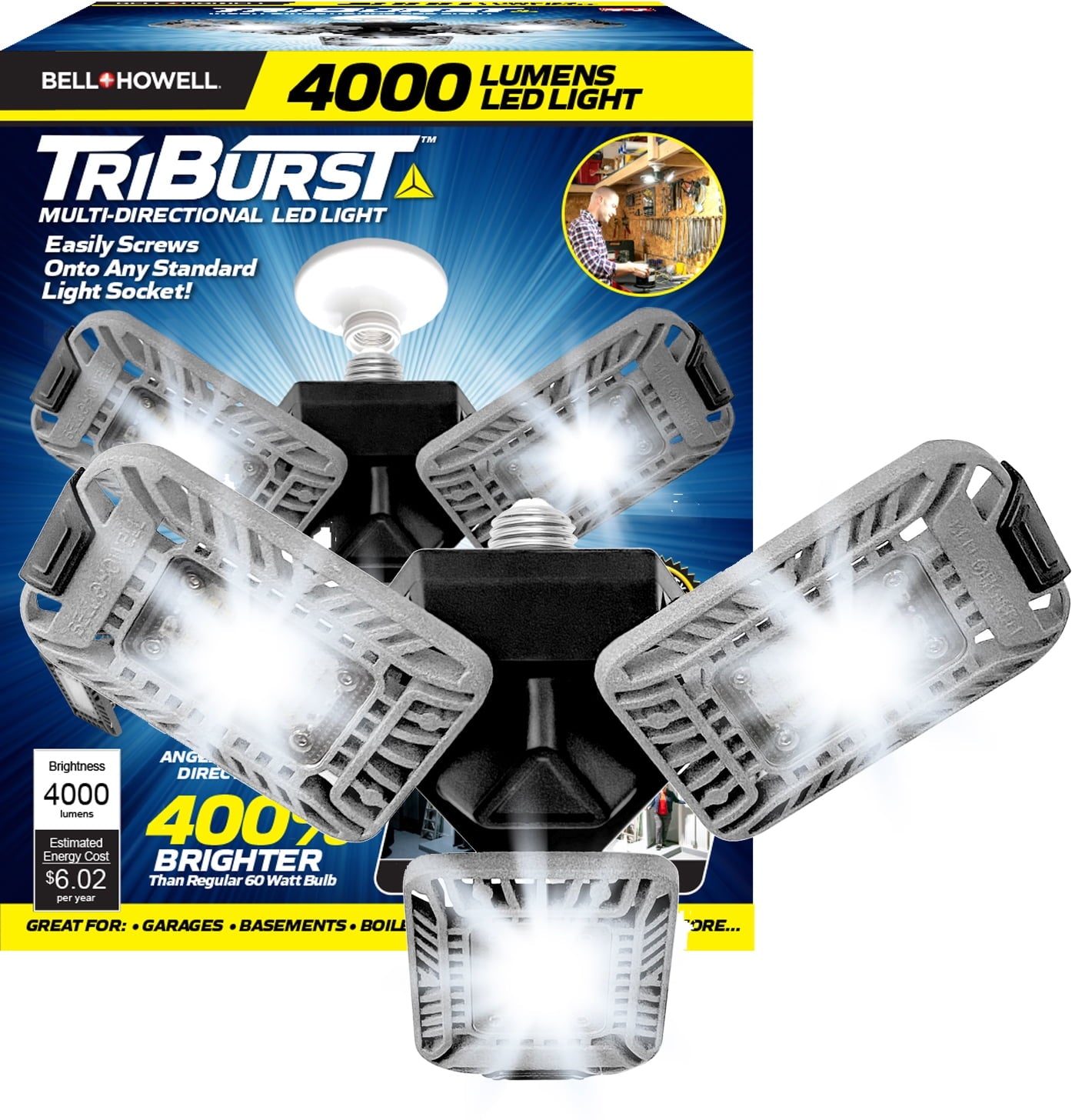 Bell+Howell TRIBURST High Intensity Lighting with 144 LED Bulb, Multi-Directional Triple Panel Light for Indoor and Outdoor, As Seen on TV