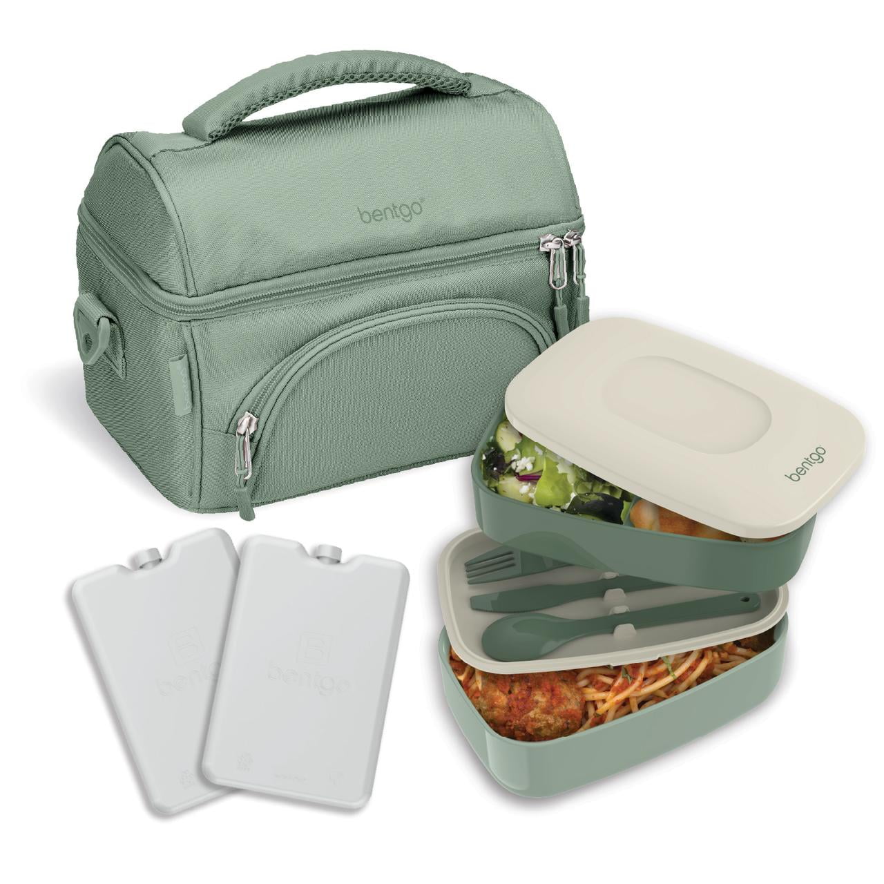 Bentgo Juego de Lujo de 4 Piezas con Bolsa de Almuerzo Aislada, Bolsas de Hielo y Bento Classic (Verde Caqui)
