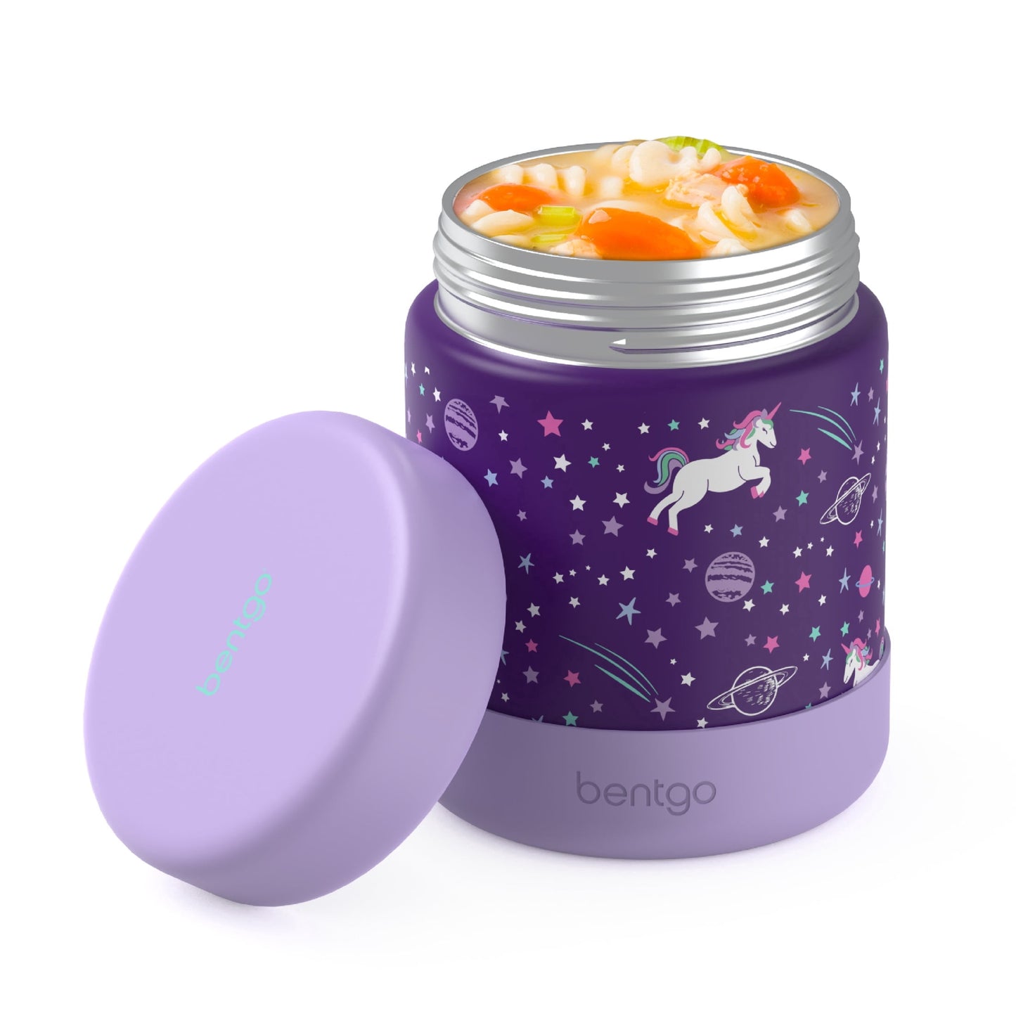 Bentgo Kids Stainless Steel Food Jar - 11 fl oz Leak-Proof Double Insulated Hot or Cold Food Container with Removable Silicone Bumper, Dishwasher Safe, Easy Open Lid, Ages 3+ (Unicorn)