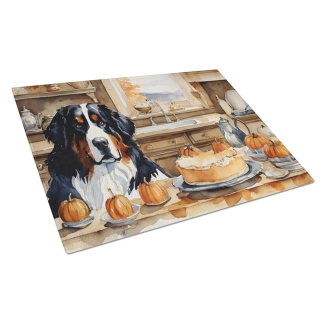 Bernese Mountain Dog Fall Kitchen Pumpkins Glass Cutting Board Large 12 in x 15 in