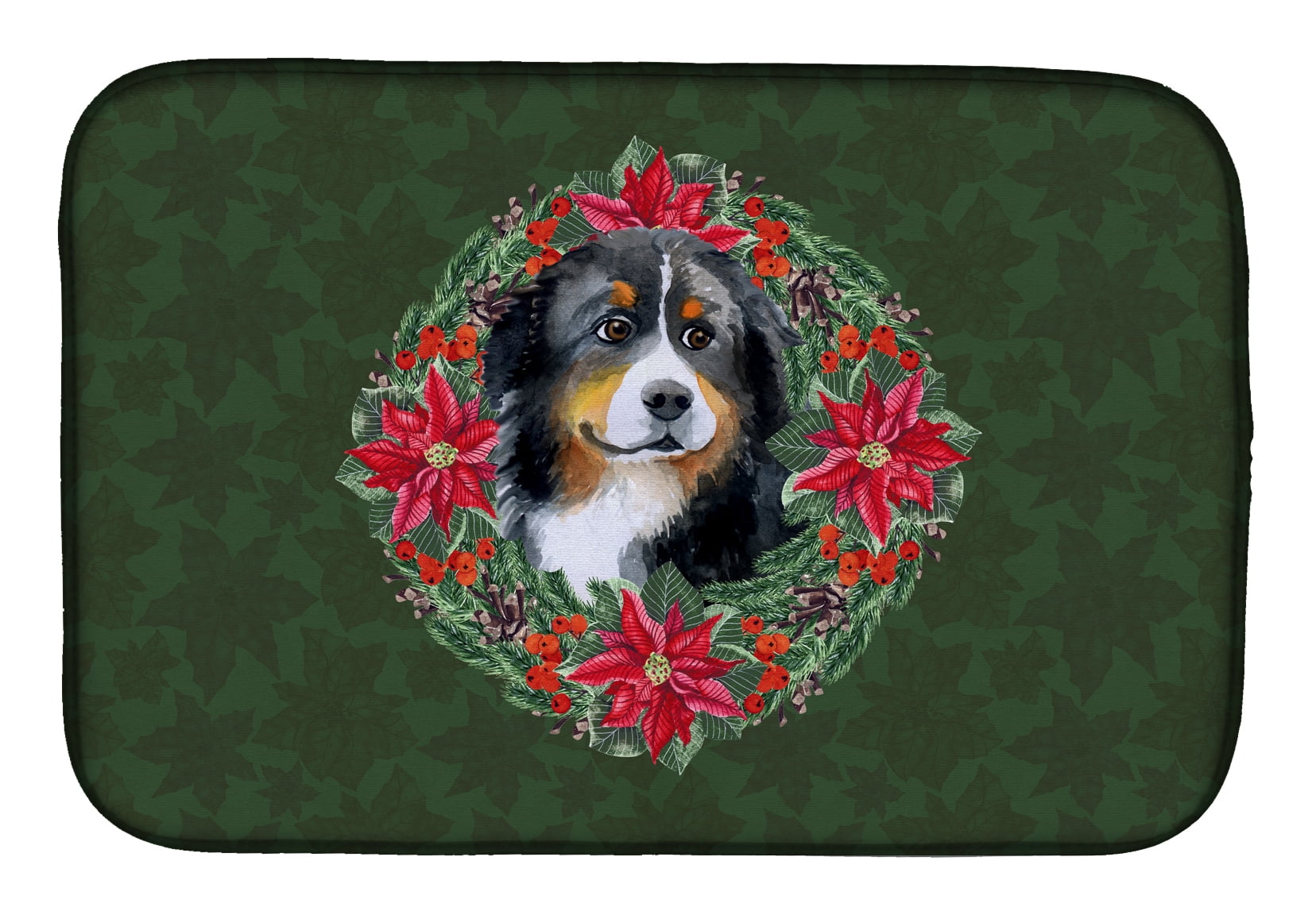 Bernese Mountain Dog Poinsetta Wreath Dish Drying Mat