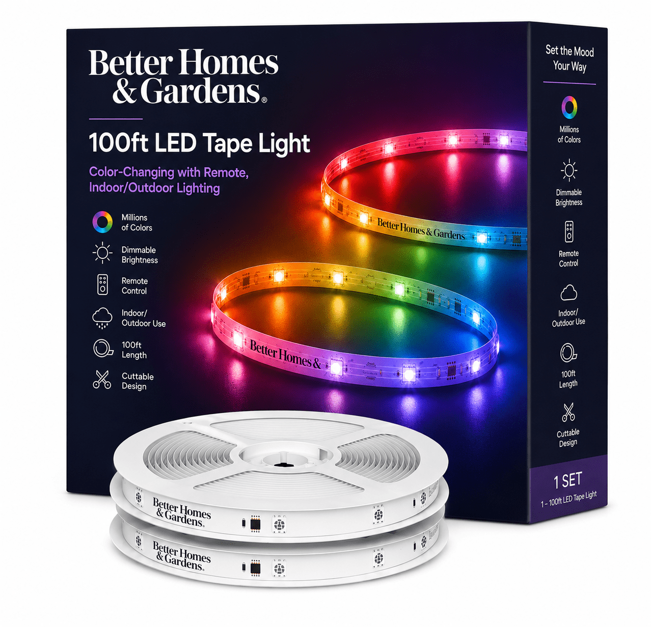 Better Homes & Gardens LED Strip Lights, 100 ft., Color-Changing Indoor & Outdoor Lighting with Remote Control