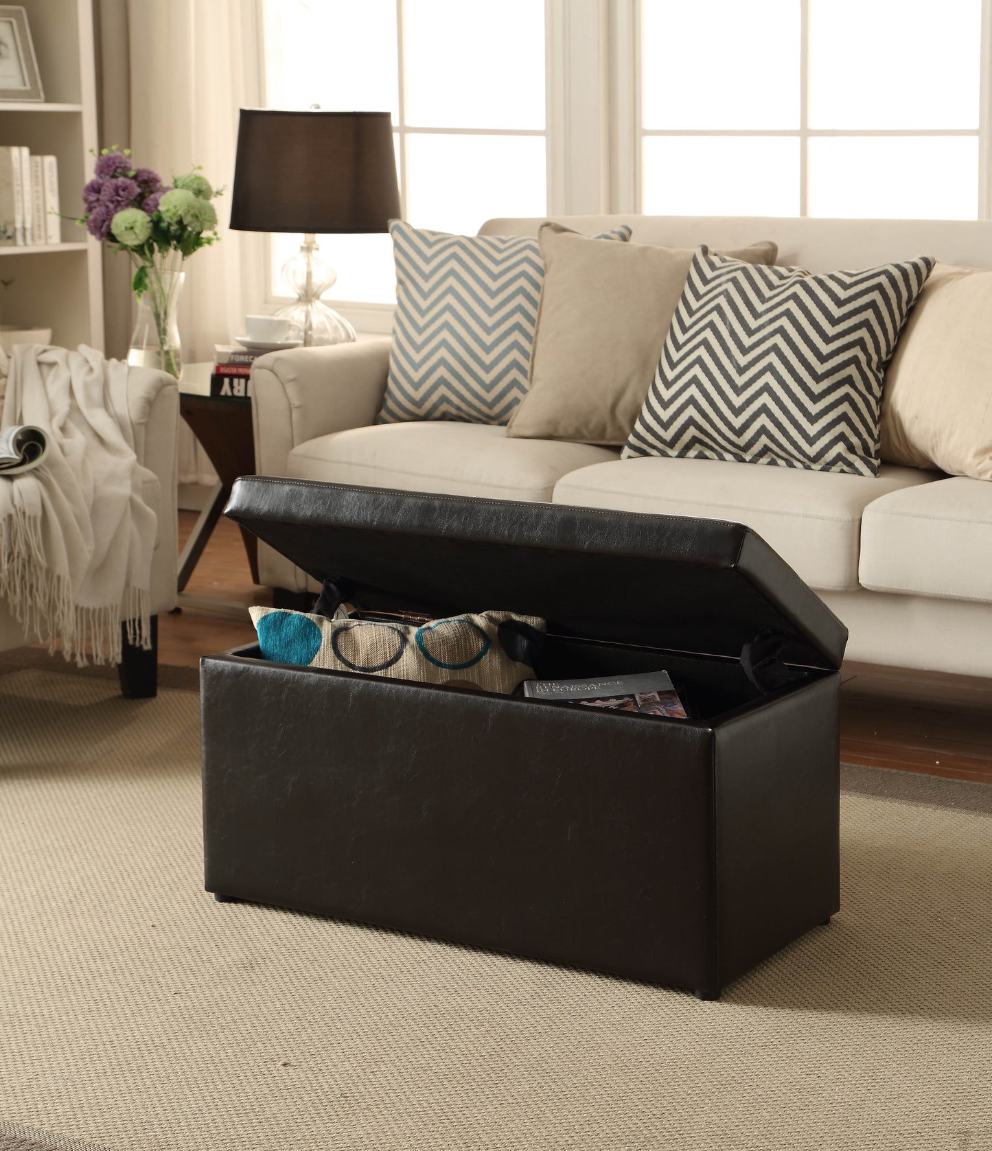 Better Homes & Gardens 30" Hinged Storage Ottoman, Brown Faux Leather