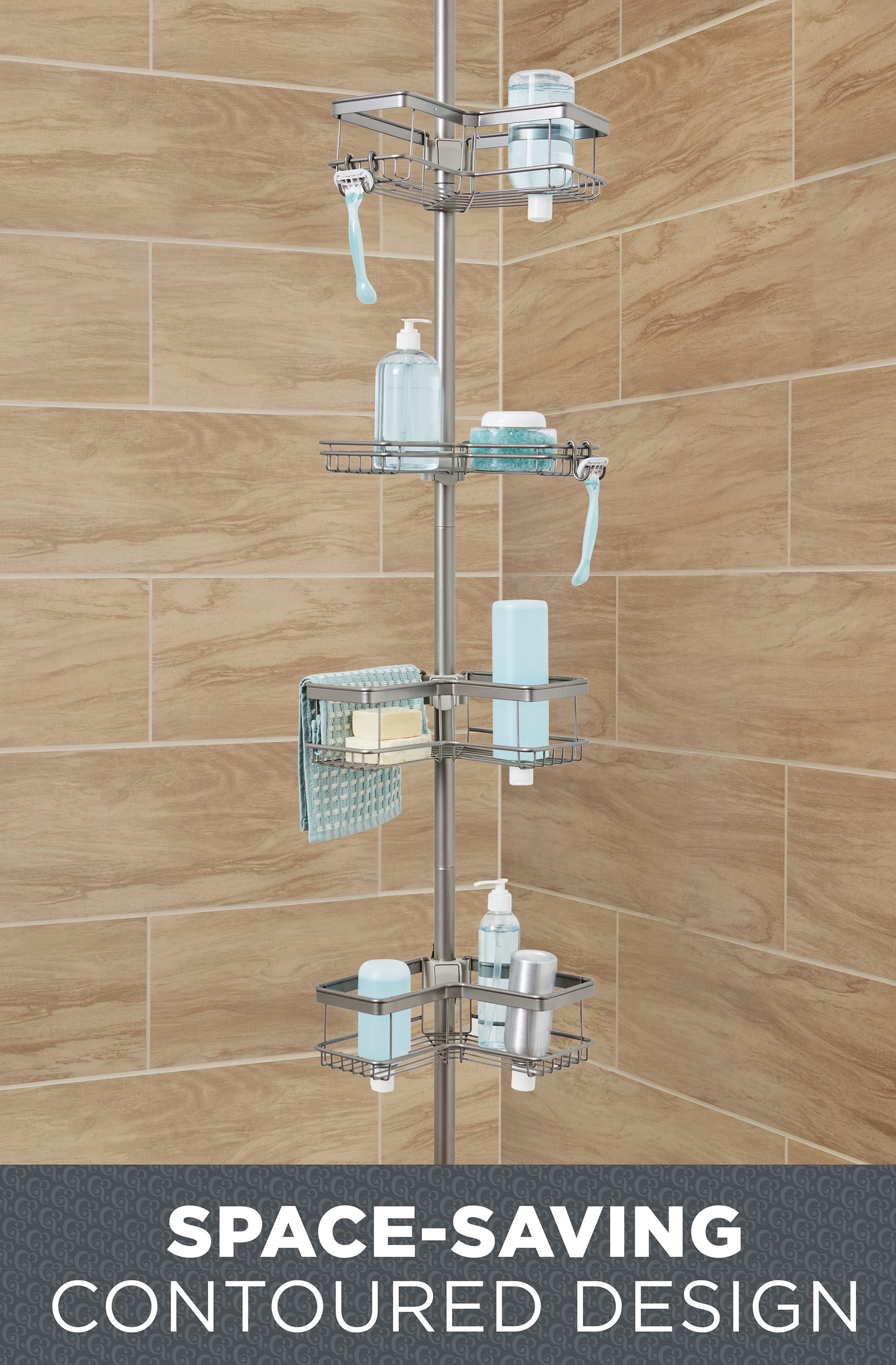 Better Homes & Gardens Adjustable Tension Steel Shower Pole Caddy, 4 Shelves, Satin Nickel
