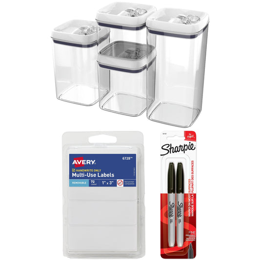Better Homes & Gardens Flip-Tite Storage Container Set with Avery Removable Labels and Sharpie Markers Bundle