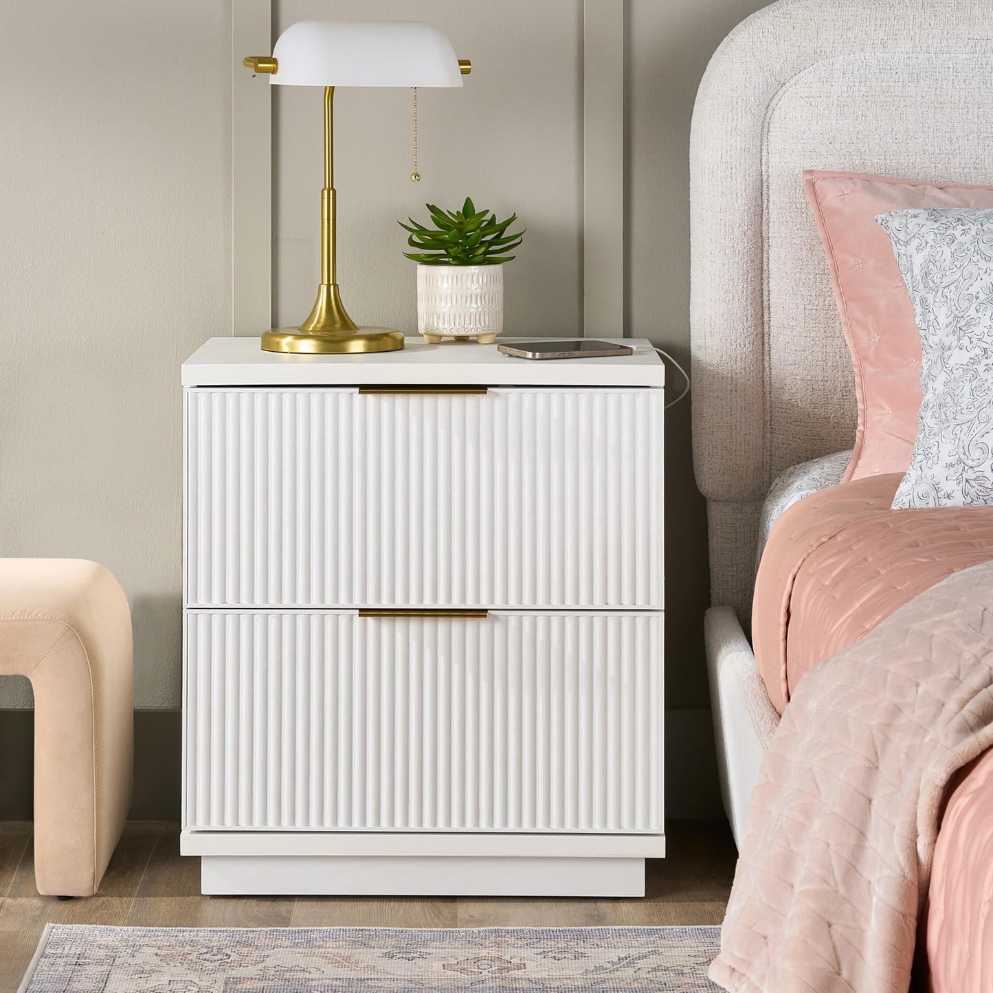 Better Homes & Gardens Lillian Fluted 2-Drawer Nightstand with USB, White Finish