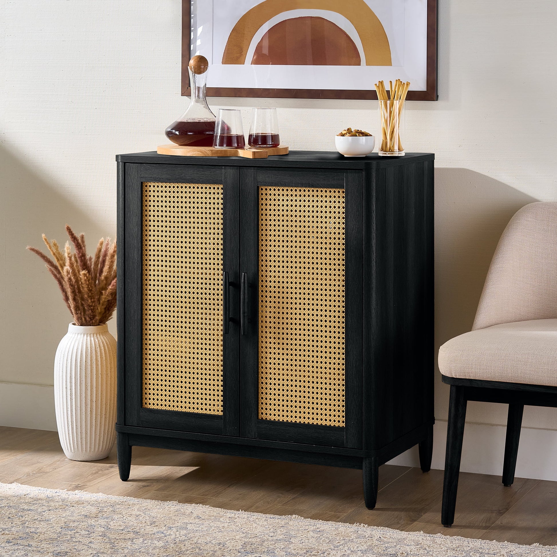Better Homes & Gardens Springwood Caning Bar Cabinet, Charcoal Finish