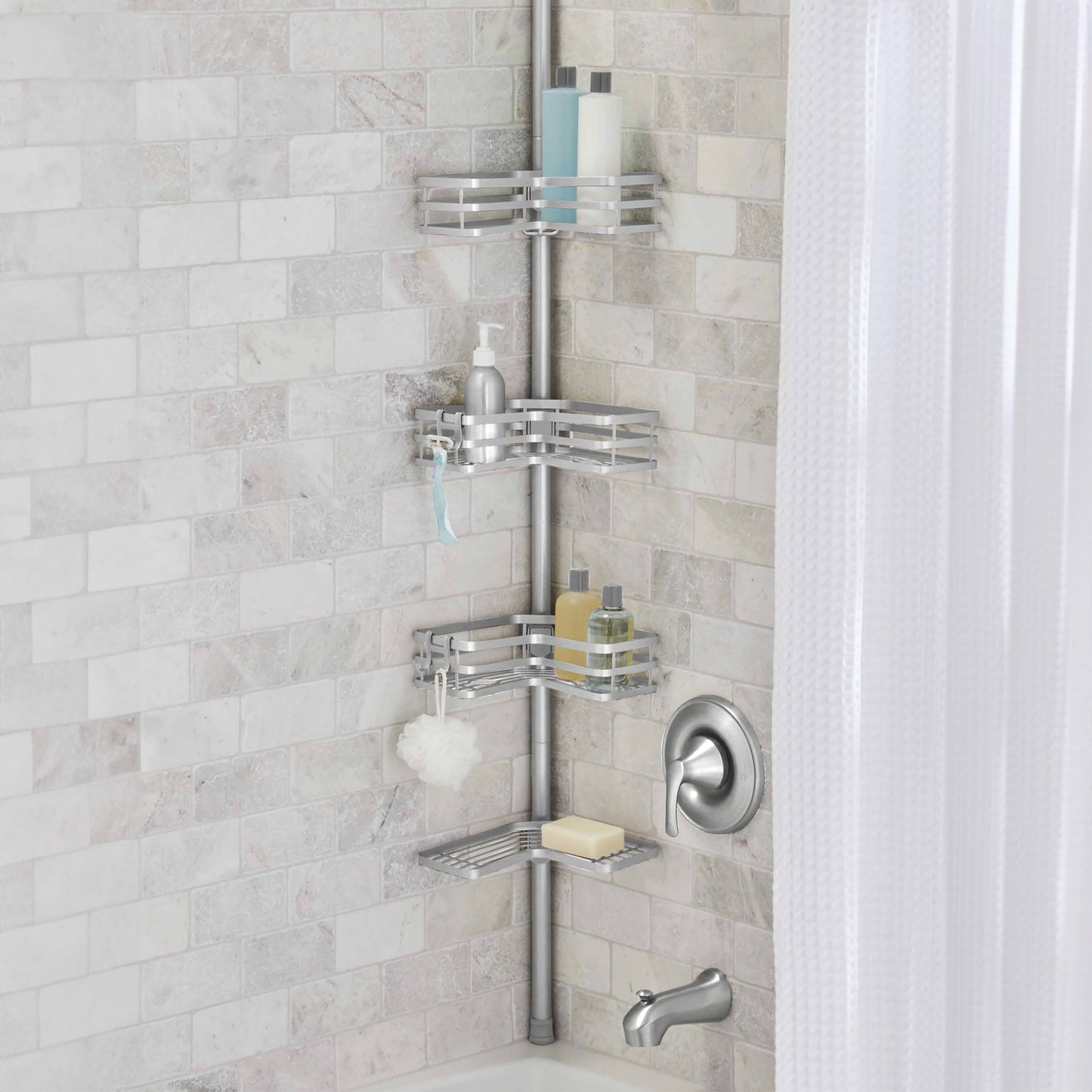 Better Homes & Gardens Adjustable Rust-Resistant Satin Nickel Tension Pole Shower Caddy, 3 Tier, 5-9 ft