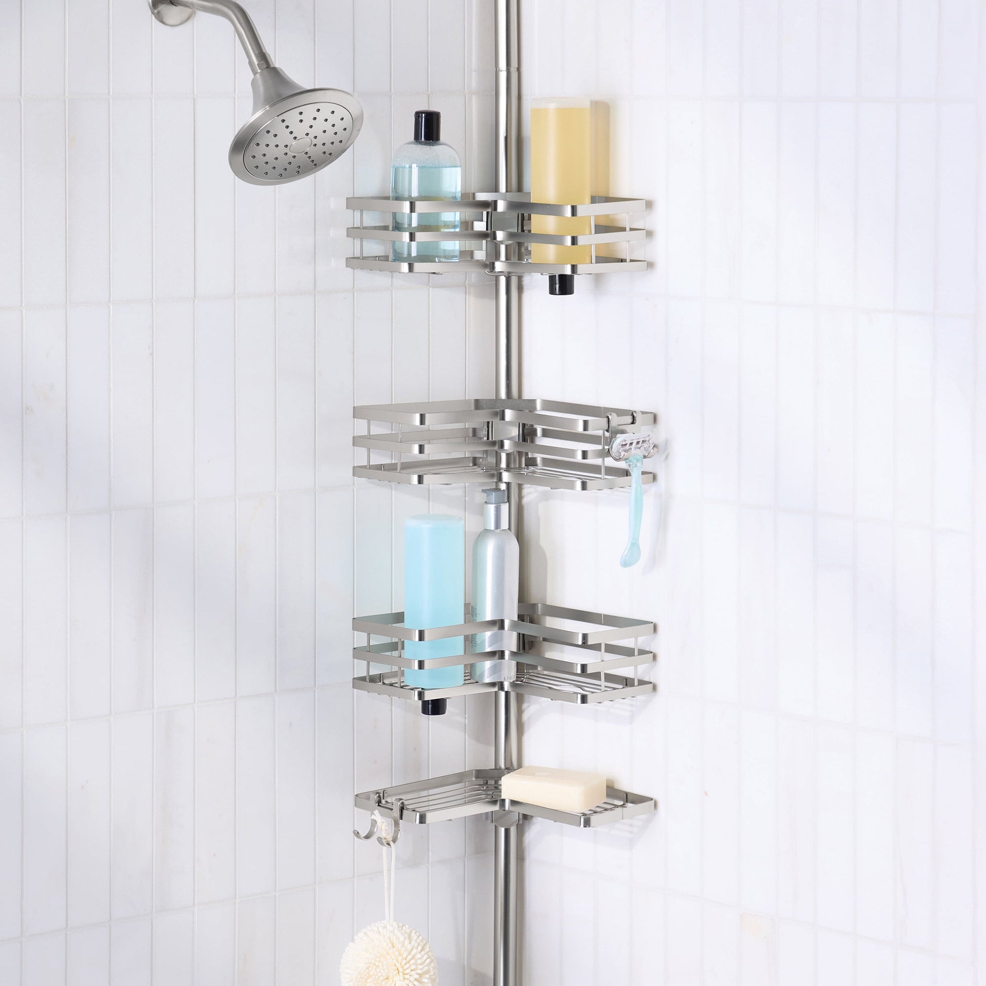 Better Homes & Gardens 4-Tier Rust Resistant Tension Pole Shower Caddy, Satin Nickel