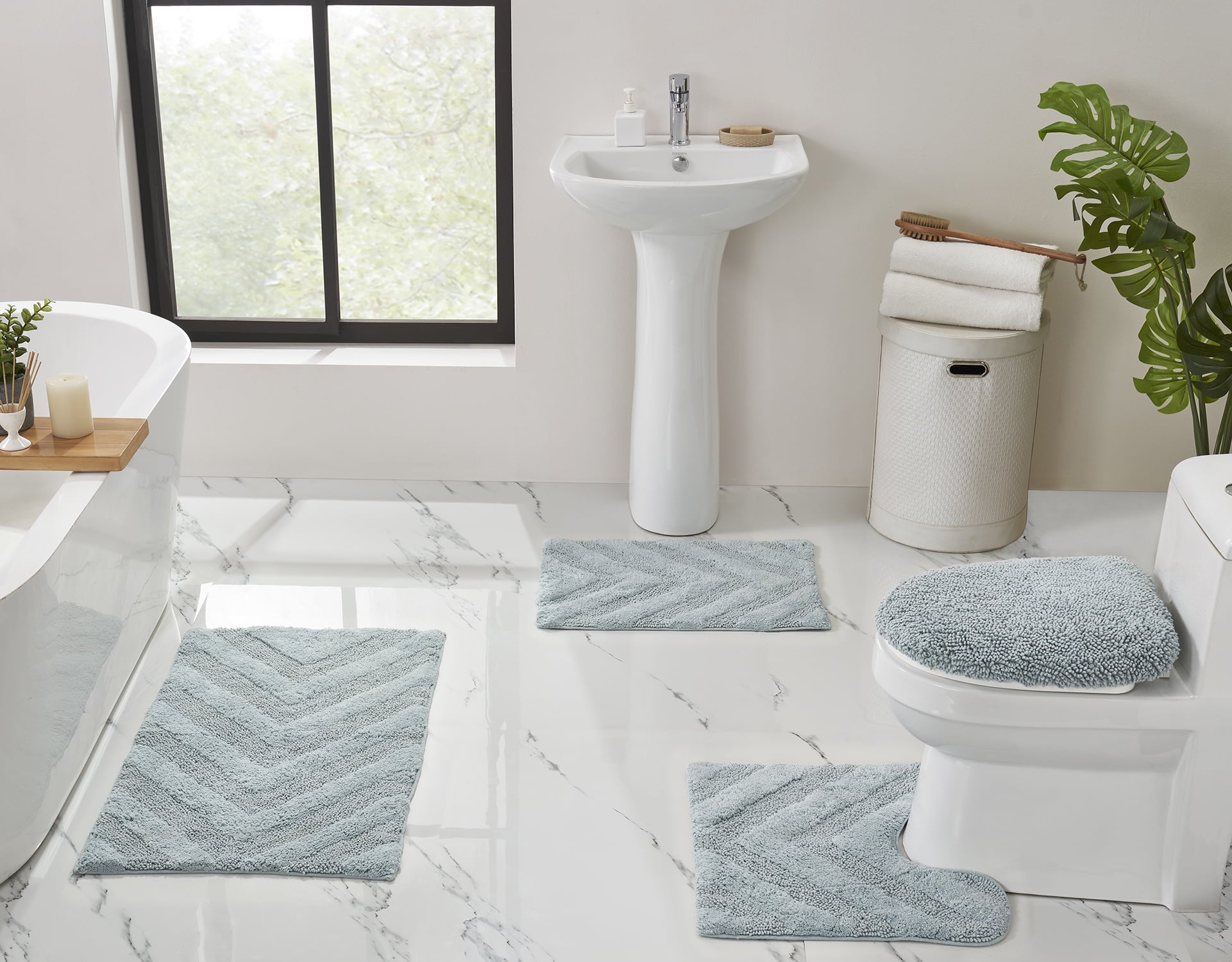 Better Trends 4 Piece Bathroom Rug Set 100% Cotton Extra Soft Tufted Bath Rug Water Absorbent Non-Slip Bath Mat Machine Washable (Blue) Hugo Collection