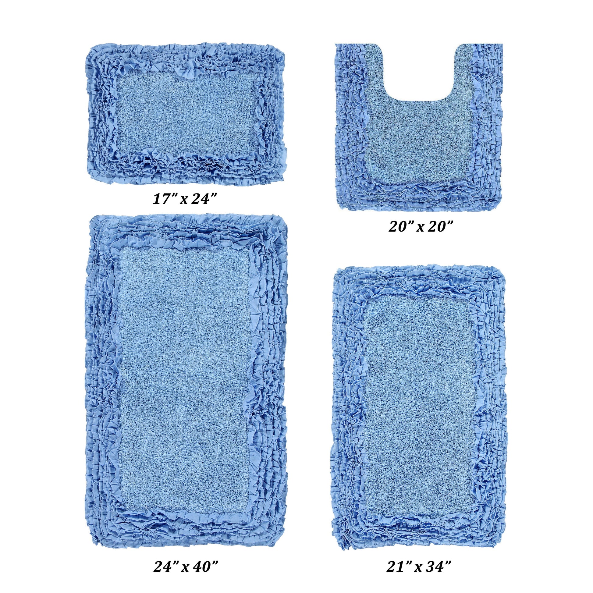 Better Trends 4 Piece Bathroom Rug Set 100% Cotton, Extra Soft, Water Absorbent & Non Slip Bath Mat, Ruffle Border, (Blue) Shaggy Border Collection