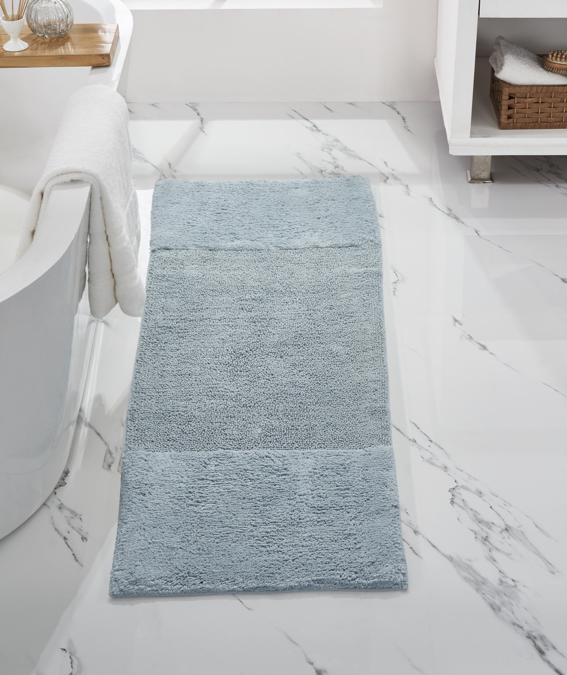 Better Trends 20" x 60" Bathroom Runner Mat 100% Cotton, Extra Soft Tufted Bath Rug, Water Absorbent & Non Slip, Solid Pattern, Blue Granada Collection