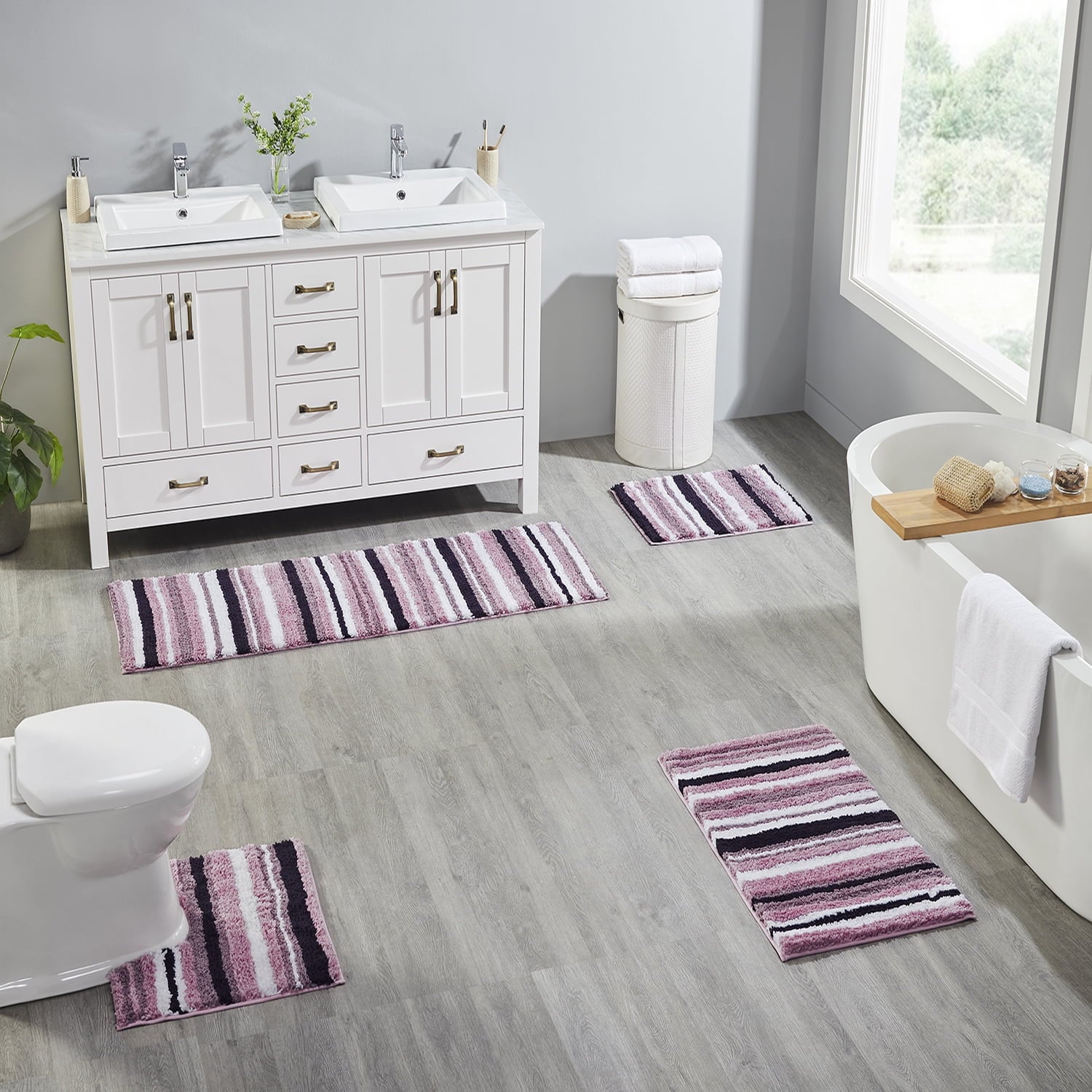 Better Trends 4 Piece Bathroom Rug Set 100% Polyester Soft Water Absorbent Non Slip Bath Mat Machine Washable Rug Griffie Collection - Purple