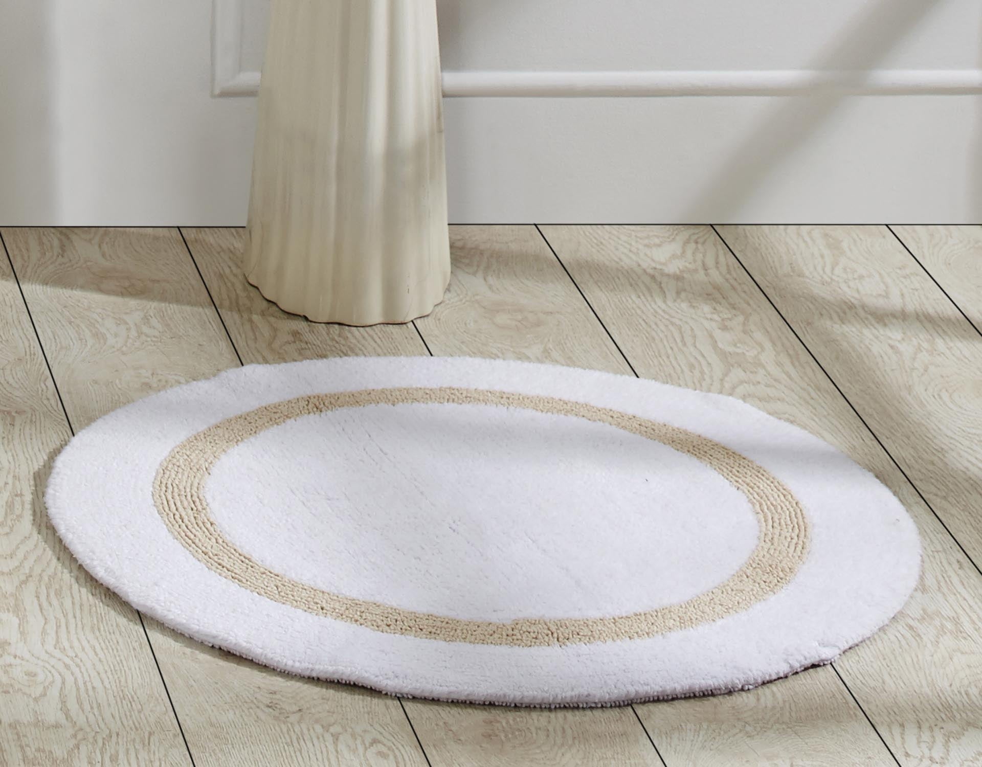 Better Trends 30'' Round Shape Bathroom Rug with Reversible Backing 100% Cotton Water Absorbent, Machine Washable Hotel Collection - White/Sand