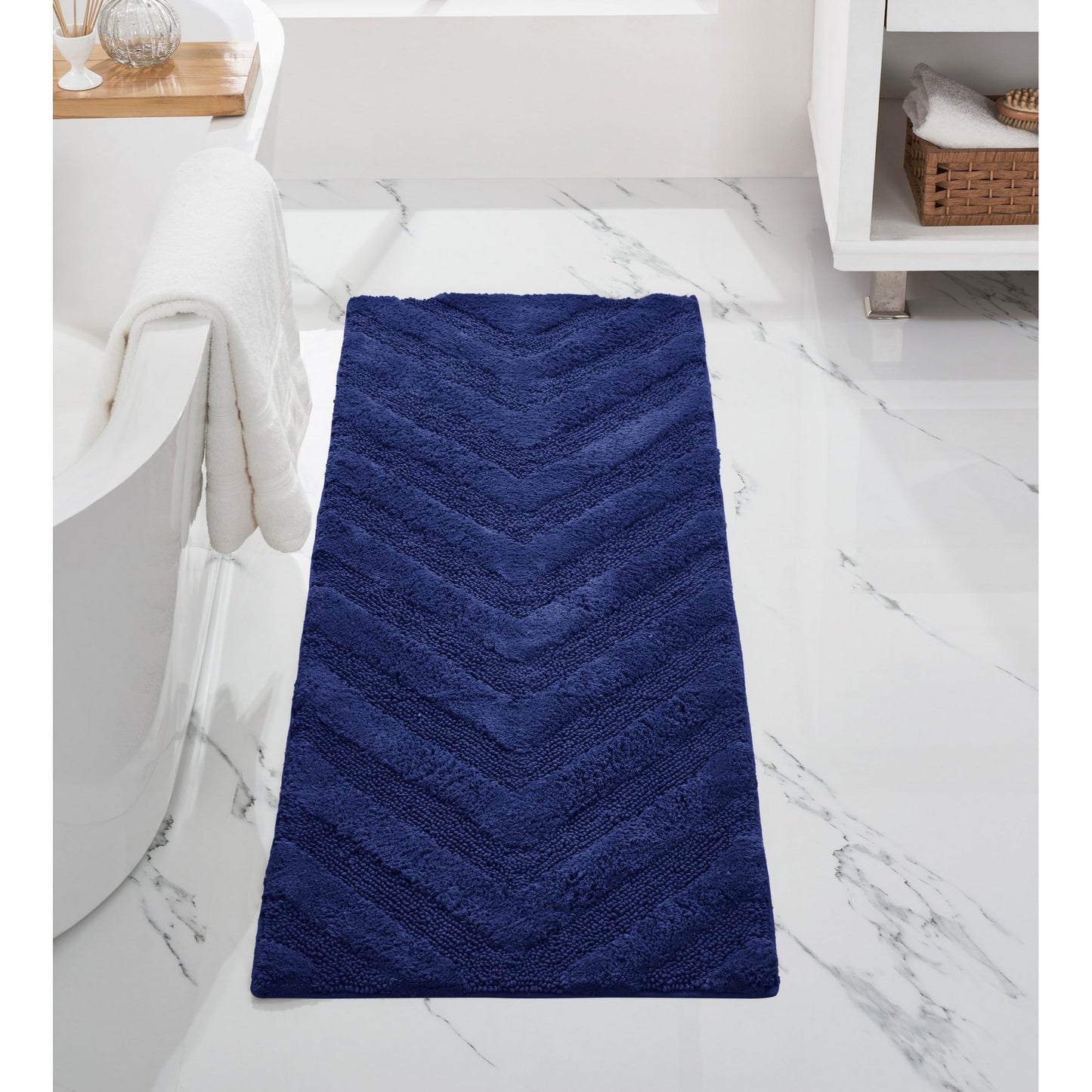 Better Trends Long Runner Bathroom Rug Extra Soft Non-Slip Bath Mat Water Absorbent 100% Cotton Washable Mat 20" x 60" Navy Hugo Collection