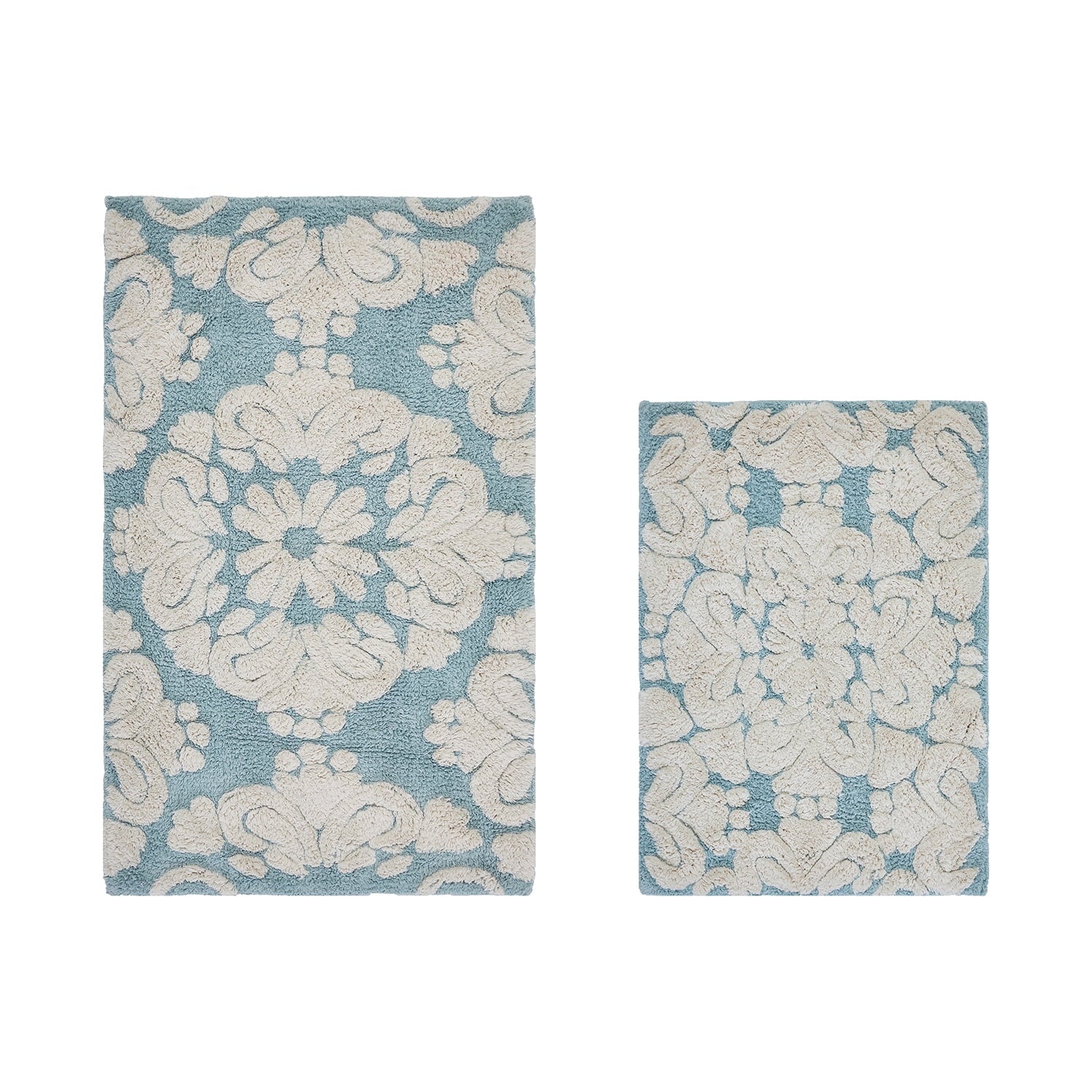 Better Trends 2 Piece Bathroom Rug Set 100% Cotton Extra Soft Tufted Bath Rug Water Absorbent Non-Slip Bath Mat Machine Washable (Blue) Medallion Collection