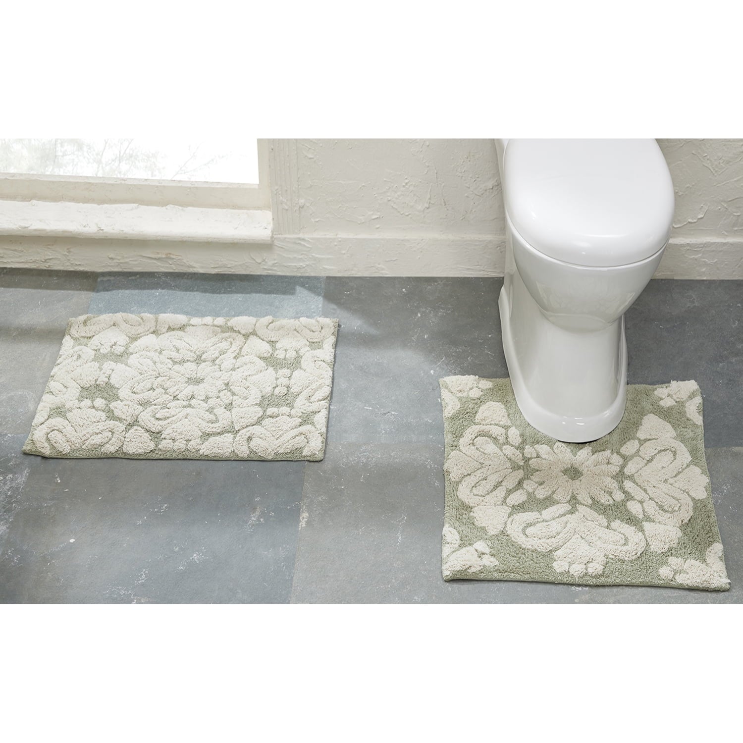 Better Trends 2 Piece Bathroom Rug Set 100% Cotton Extra Soft Tufted Bath Rug Water Absorbent Non-Slip Bath Mat Machine Washable (Sage) Medallion Collection