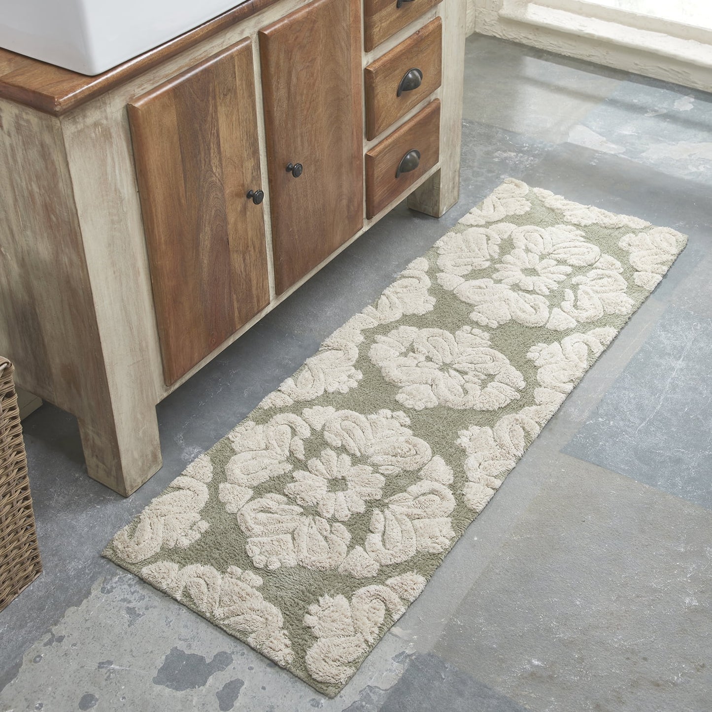 Better Trends 20" x 60" Bathroom Runner Mat, 100% Cotton Non-Slip Bath Rug, Water Absorbent, Machine Washable for Bathroom and Shower Use, (Sage) Medallion Collection