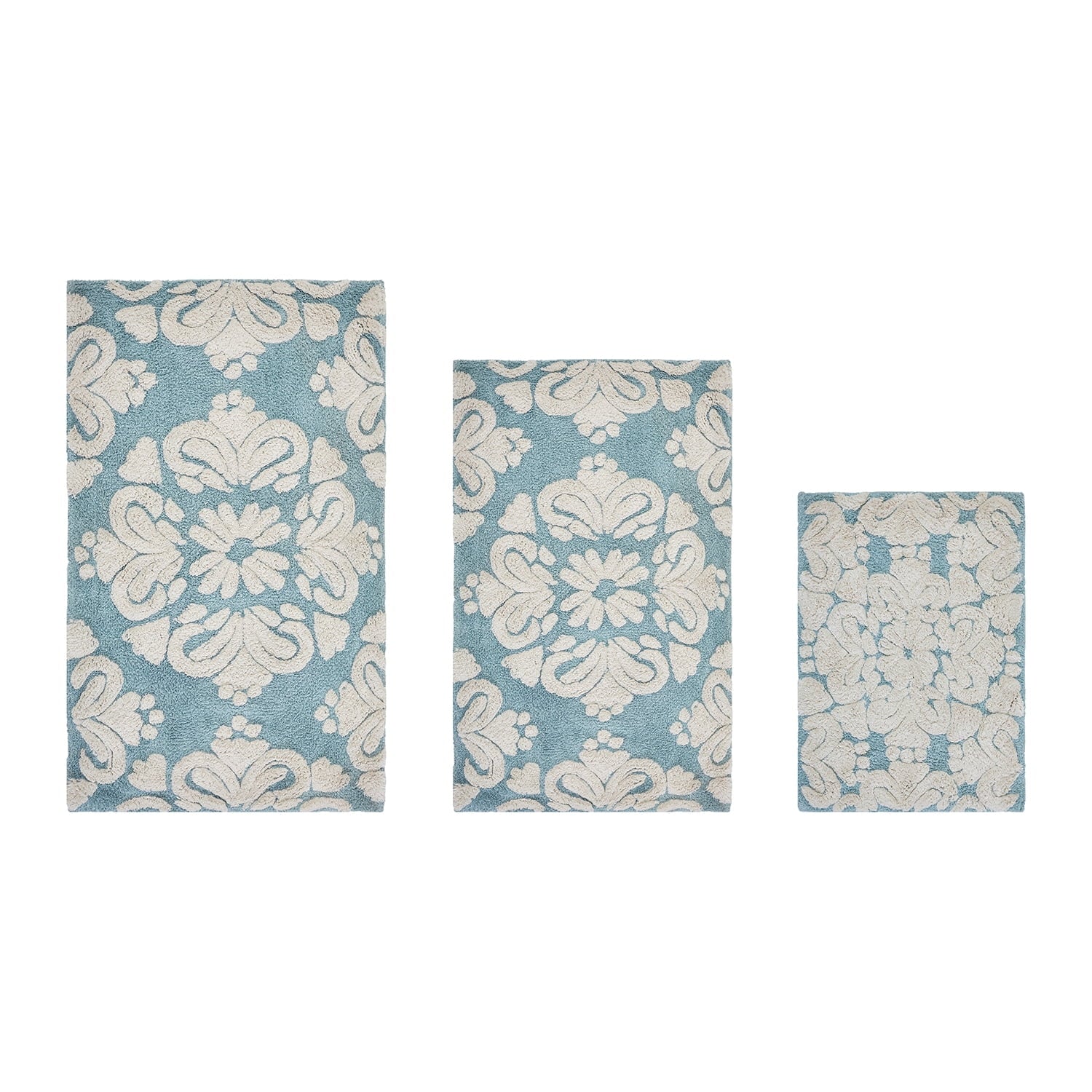 Better Trends 3 Piece Bathroom Rug Set 100% Cotton Extra Soft Tufted Bath Rug Water Absorbent Non-Slip Bath Mat Machine Washable (Blue) Medallion Collection