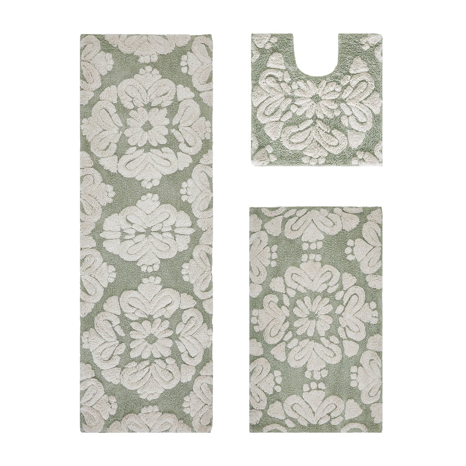 Better Trends 3 Piece Bathroom Rug Set 100% Cotton Extra Soft Tufted Bath Rug Water Absorbent Non-Slip Bath Mat Machine Washable (Sage) Medallion Collection