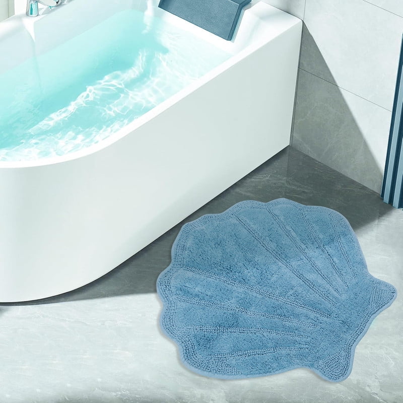 Better Trends Seashell Bath Rug 100% Cotton Cute Beach Theme Bathroom Mat, Soft & Absorbent, Reversible, Washable Mat, Blue Sea Decor for Kids & Home