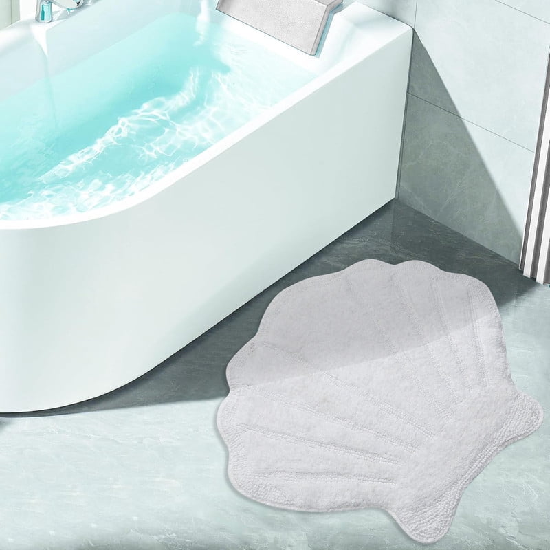 Better Trends Seashell Bath Rug, 100% Cotton Cute Beach Theme Bathroom Mat, Soft & Absorbent, Reversible, Washable Foot Mat, White Sea Decor for Kids & Home, 25" x 28" Marilyn Collection