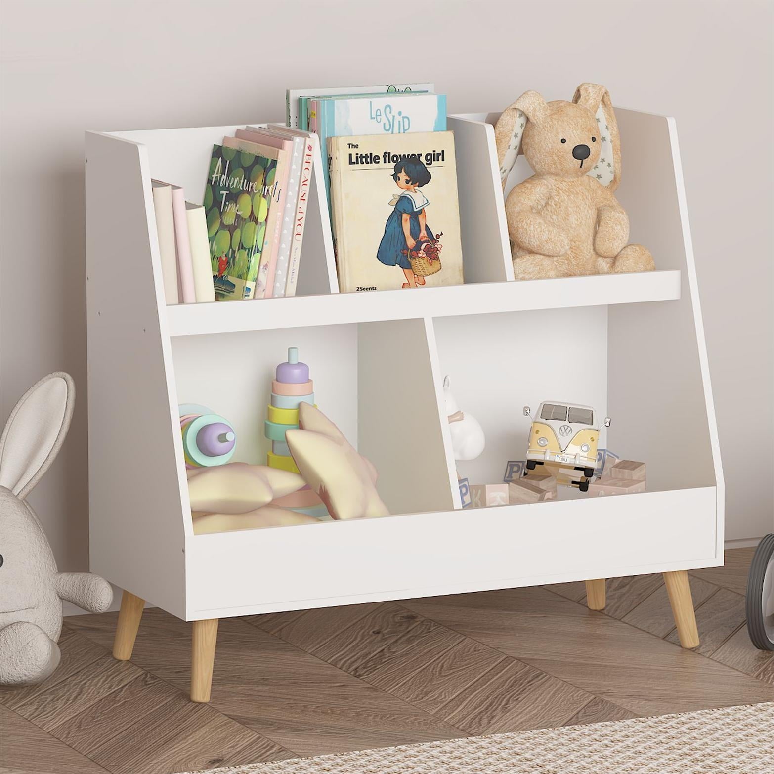Bianlte Kids Bookshelf and Toy Organizer,5 Cubbies Wooden Open Bookcasefor Bedroom, Playroom, Nursery, White