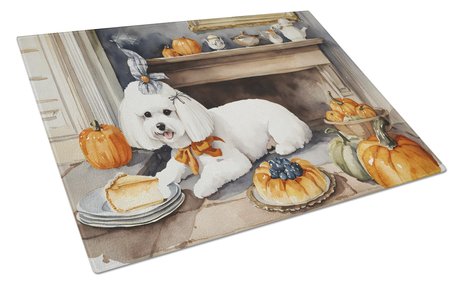 Bichon Frise Fall Kitchen Pumpkins Glass Cutting Board Large 12 in x 15 in